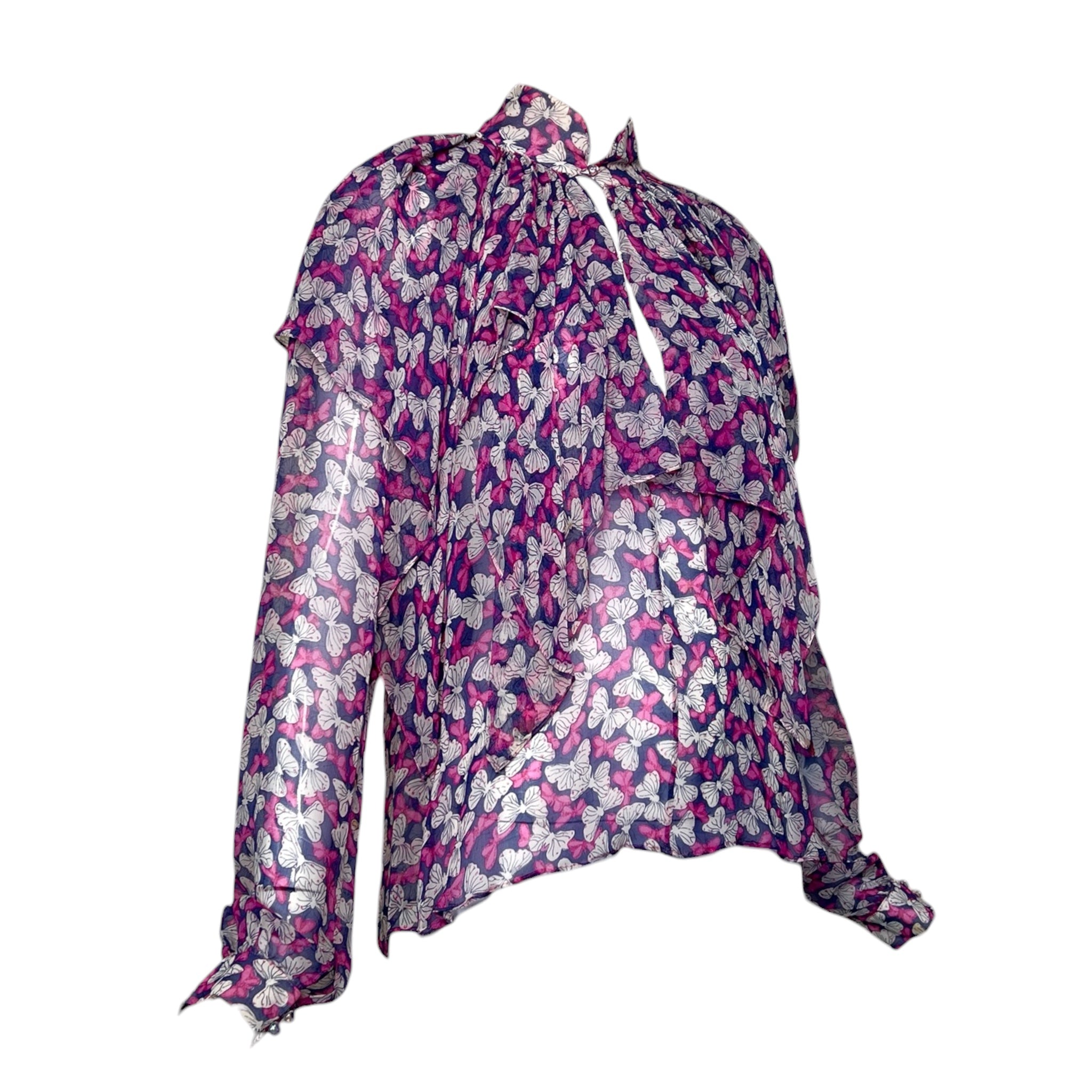 Studio Fong Leng 1980s Chiffon Purple Butterfly Blouse, slight side