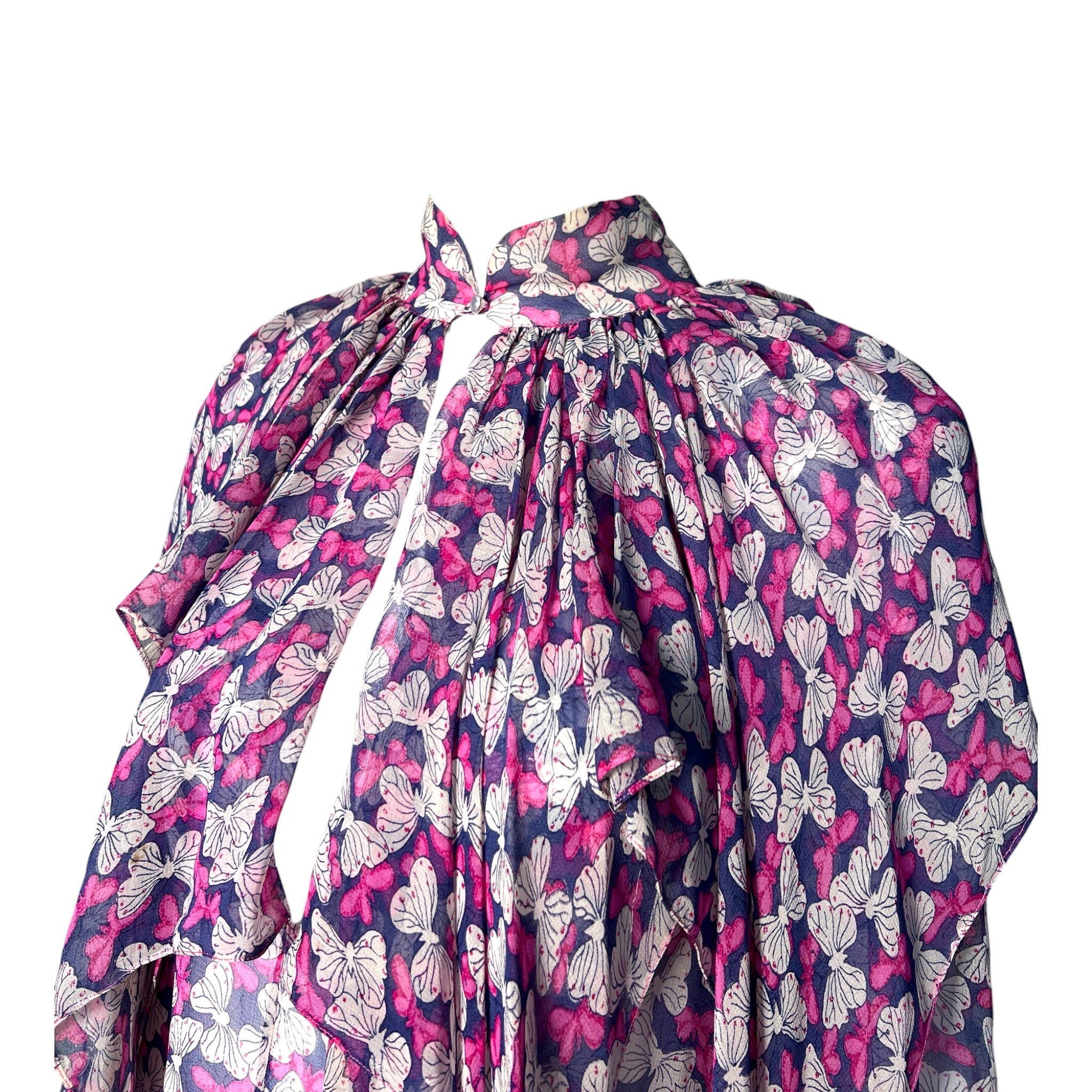 Studio Fong Leng 1980s Chiffon Purple Butterfly Blouse, neck