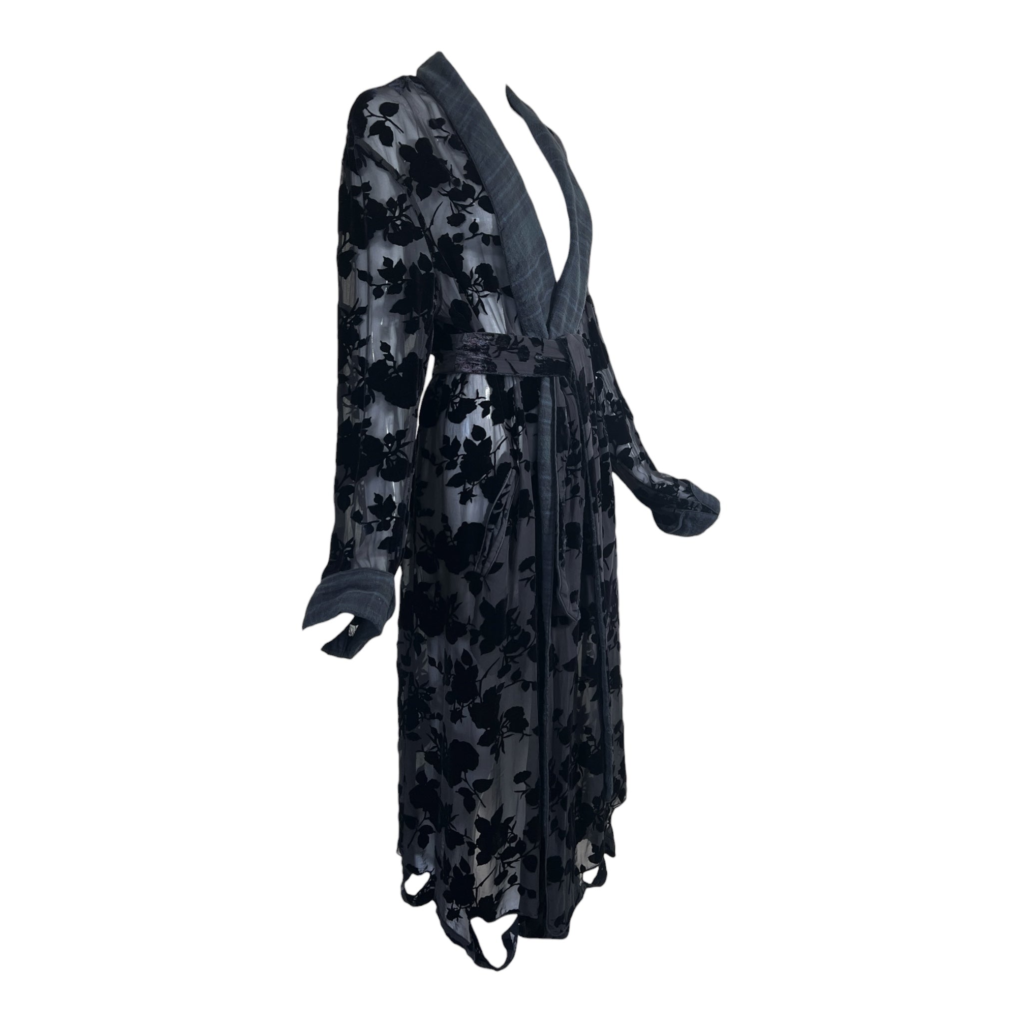 R13 2020s Devoré Velvet Flannel Trim Smoking Robe or Coat, slight side