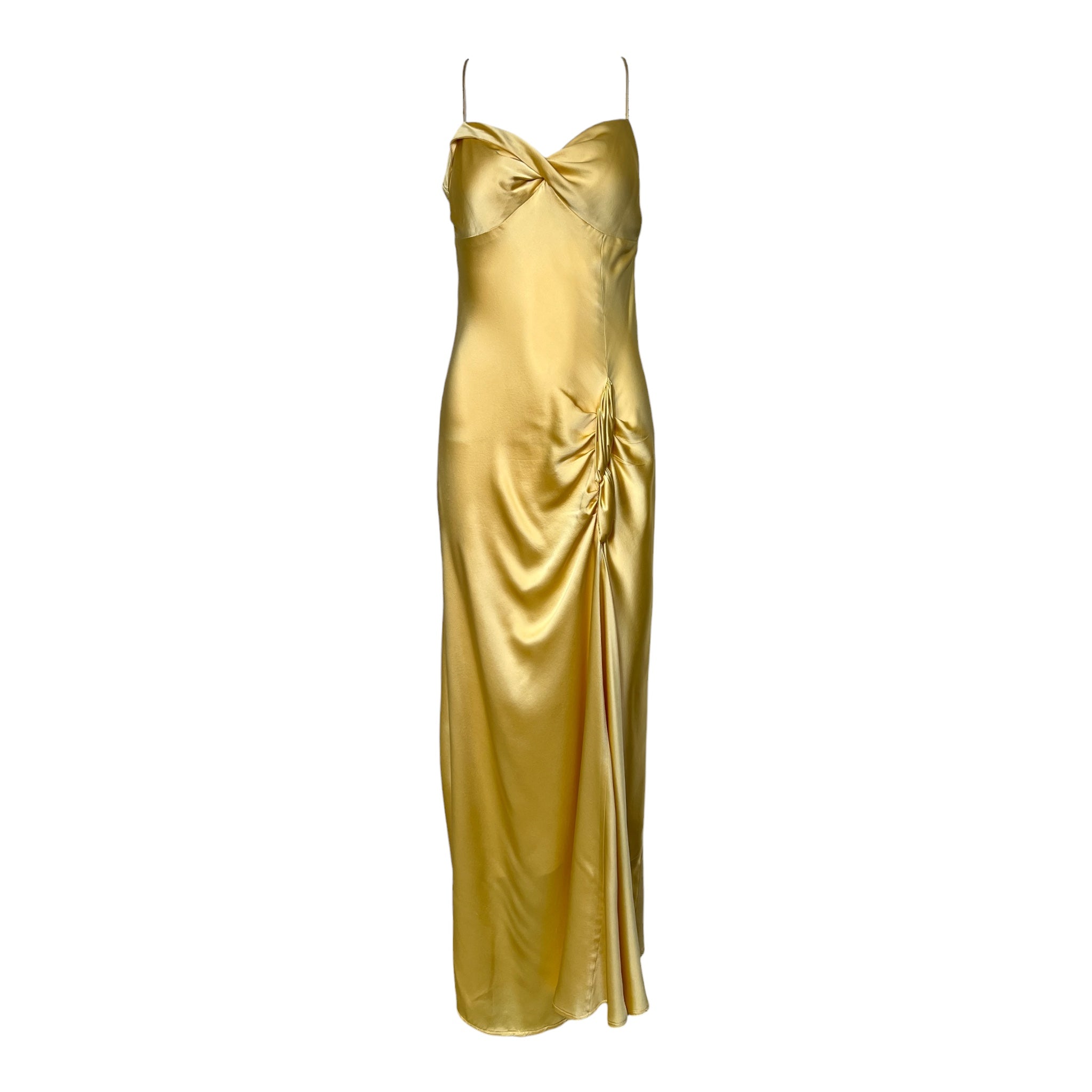 2000's Yellow Silk Satin Partial Bias Cut Gown