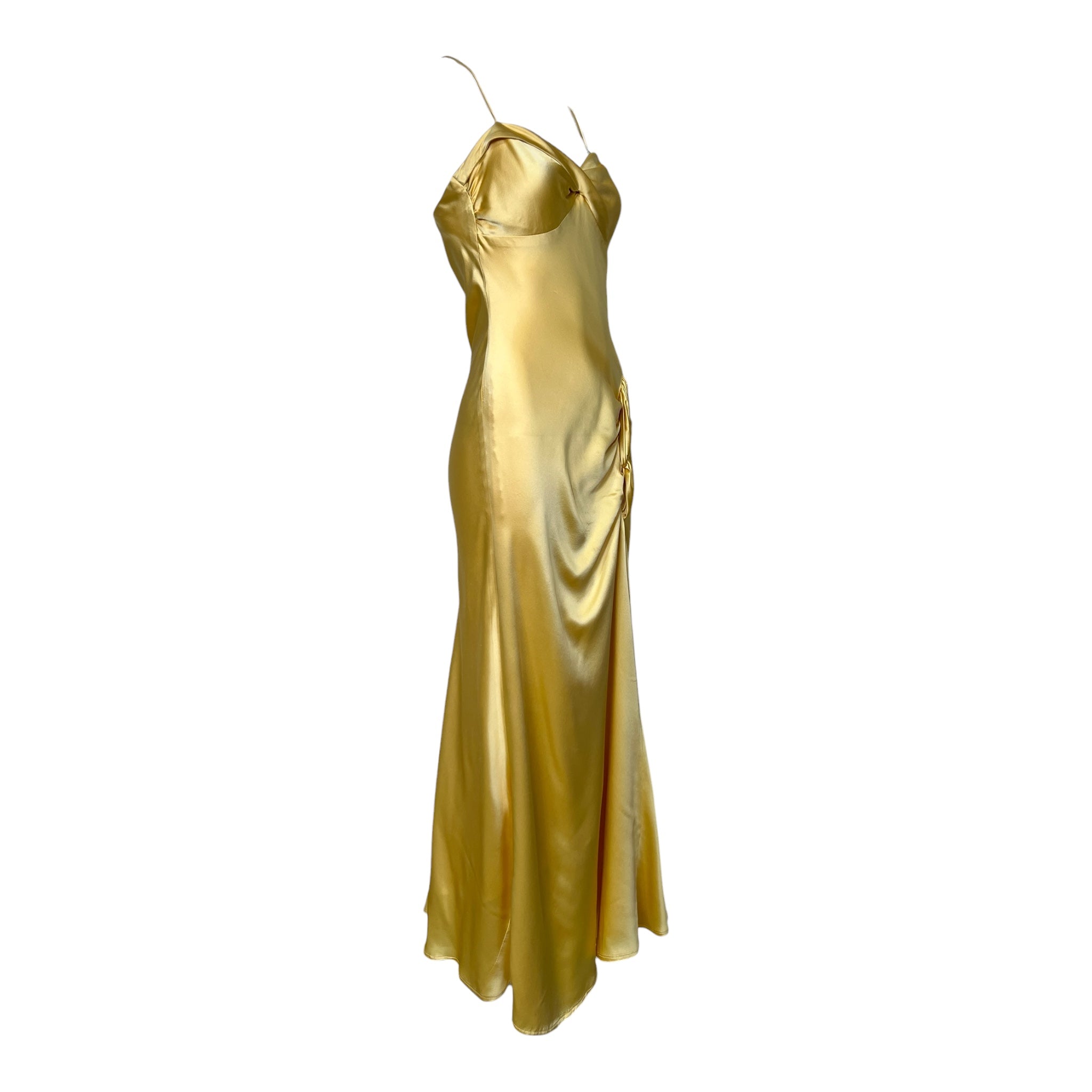 2000's Yellow Silk Satin Partial Bias Cut Gown, slight side
