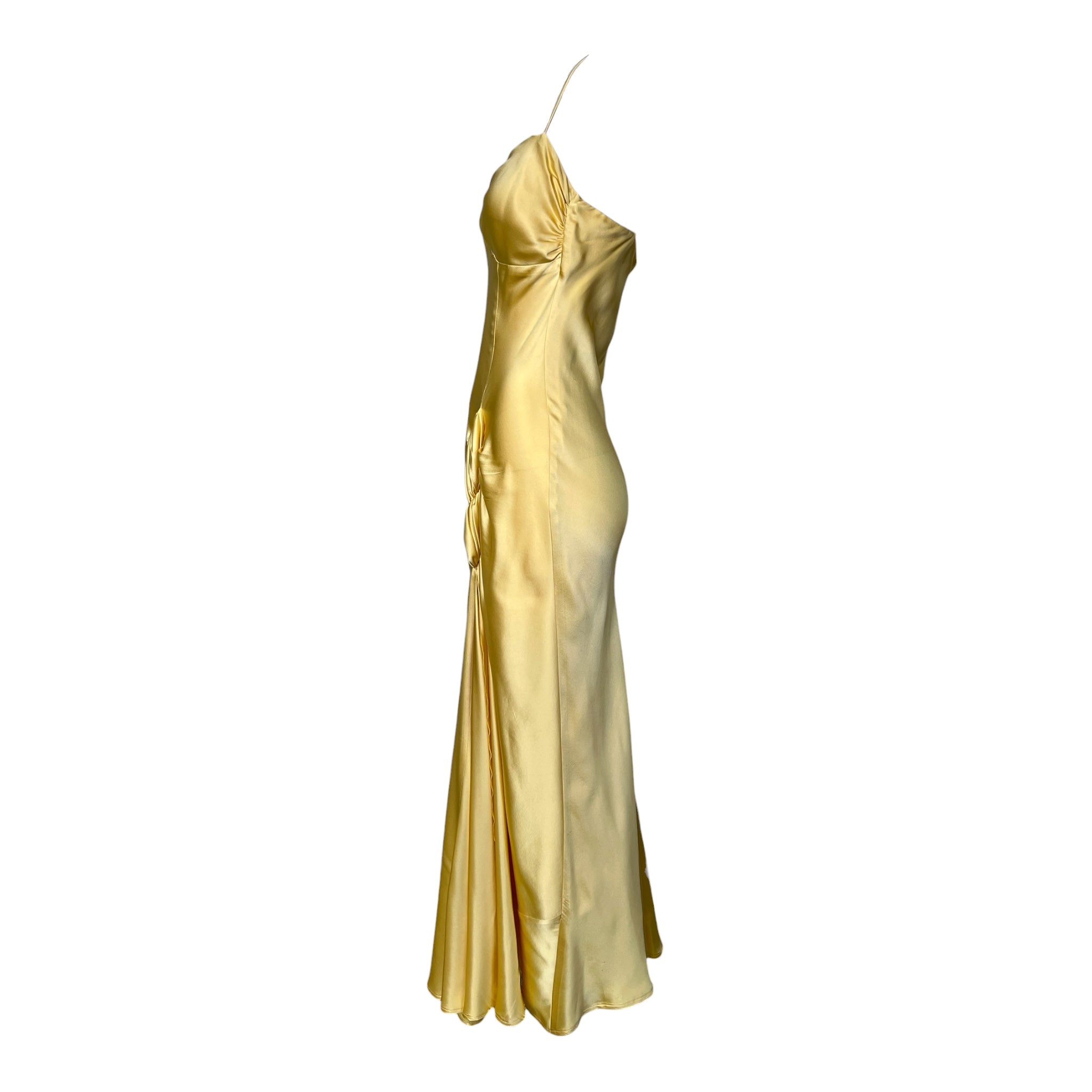 2000's Yellow Silk Satin Partial Bias Cut Gown, side 2