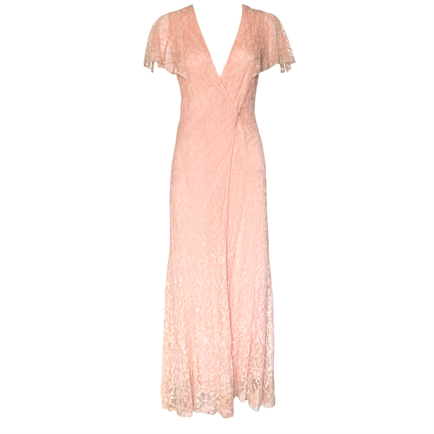 1930's Peach Lace and Silk Flutter Sleeve Dressing Gown FRONT