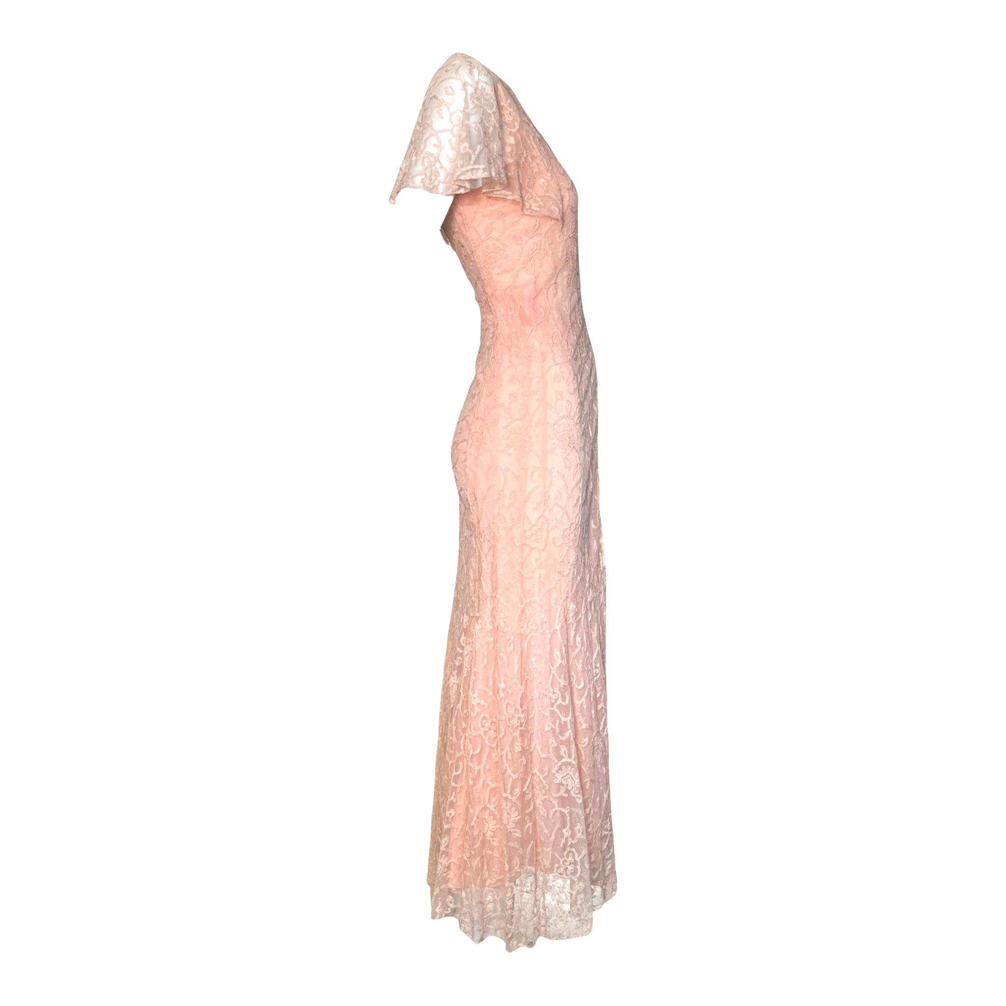 1930's Peach Lace and Silk Flutter Sleeve Dressing Gown RIGHT SIDE
