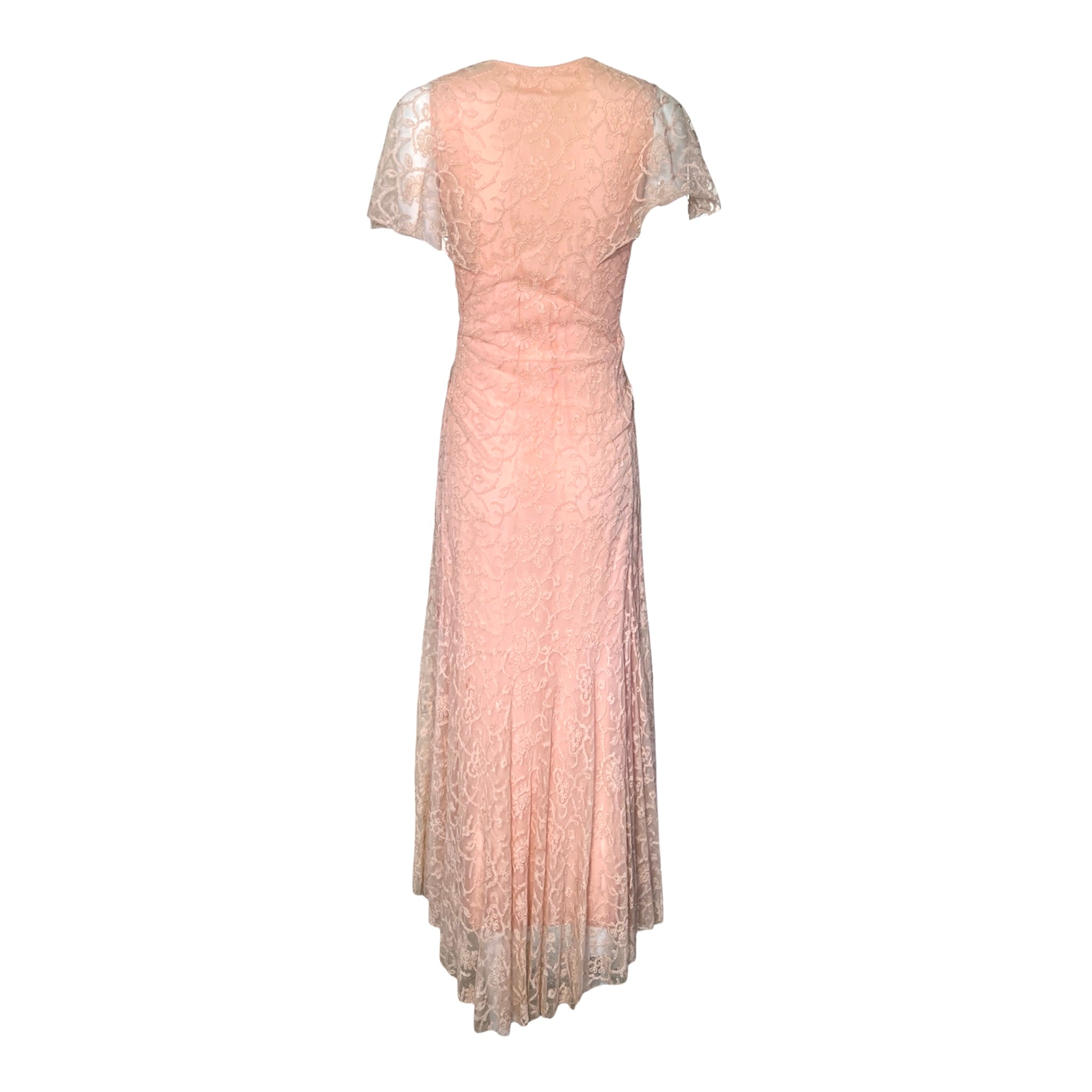 1930's Peach Lace and Silk Flutter Sleeve Dressing Gown BACK