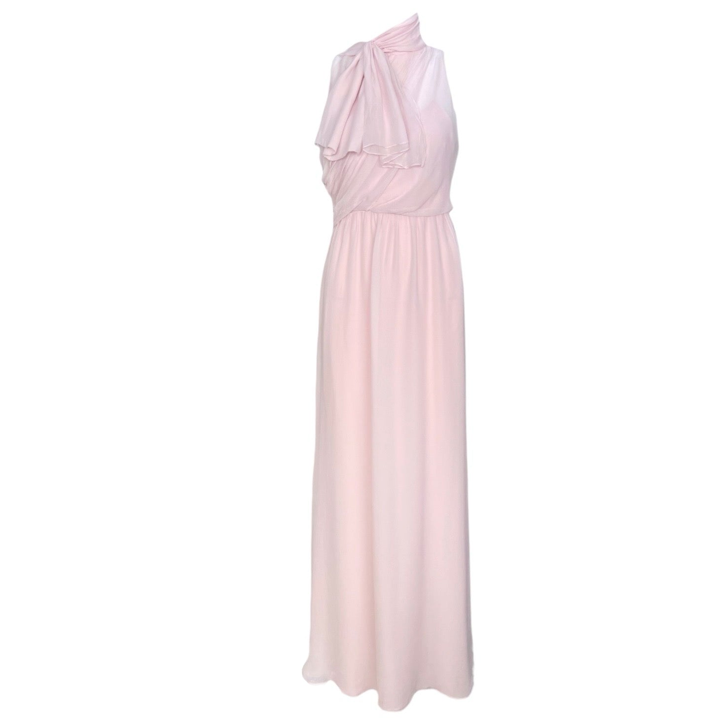 1990's Pale Pink Silk Chiffon Goddess Gown with Tie Neck Scarf