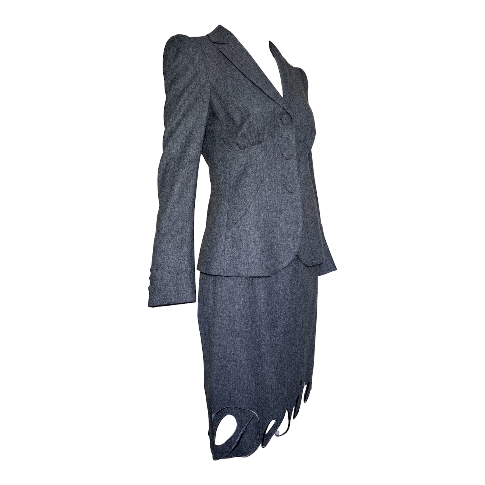 Moschino Couture 1990's Grey "Secret Desire" Skirt Suit, slight side