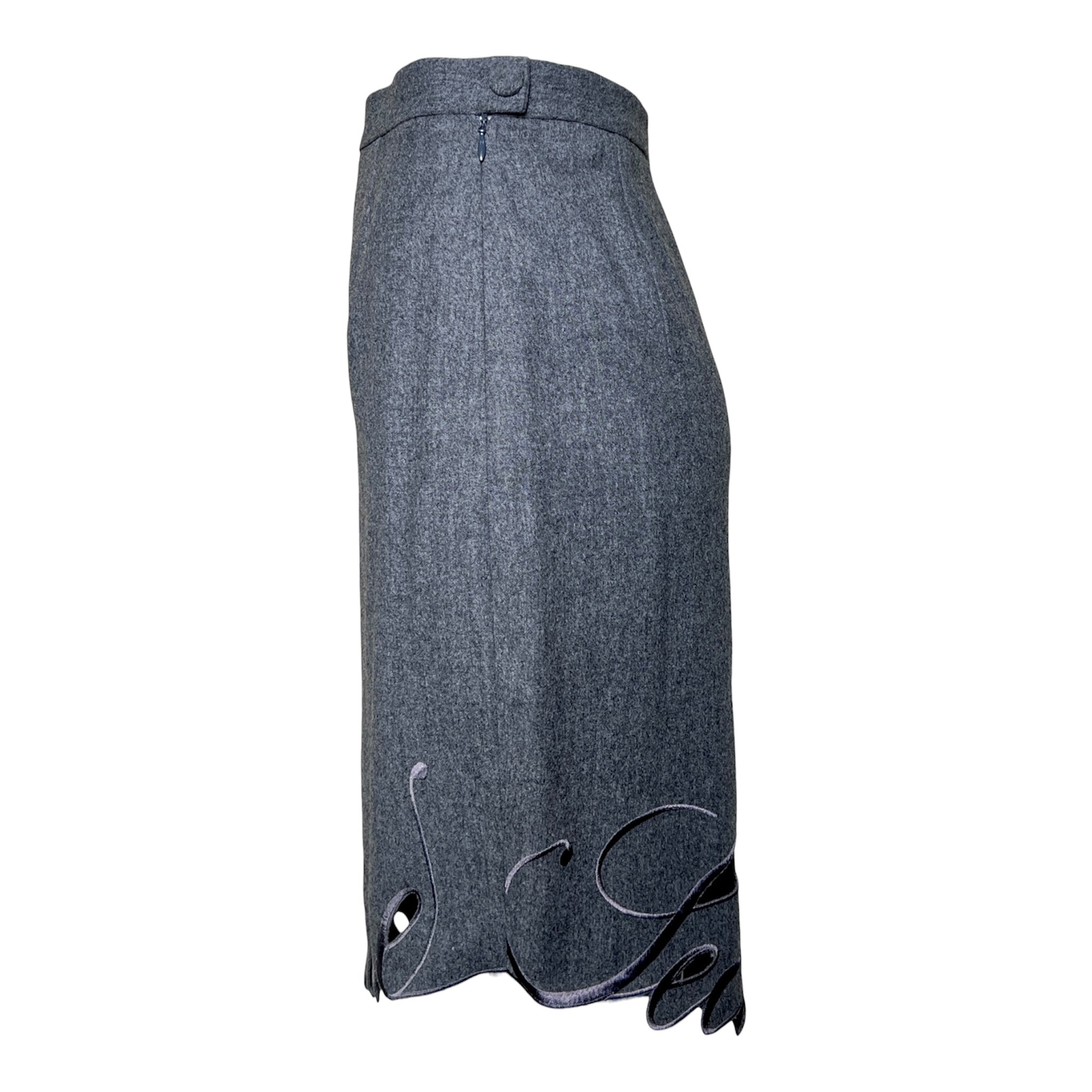 Moschino Couture 1990's Grey "Secret Desire" Skirt Suit, skirt side