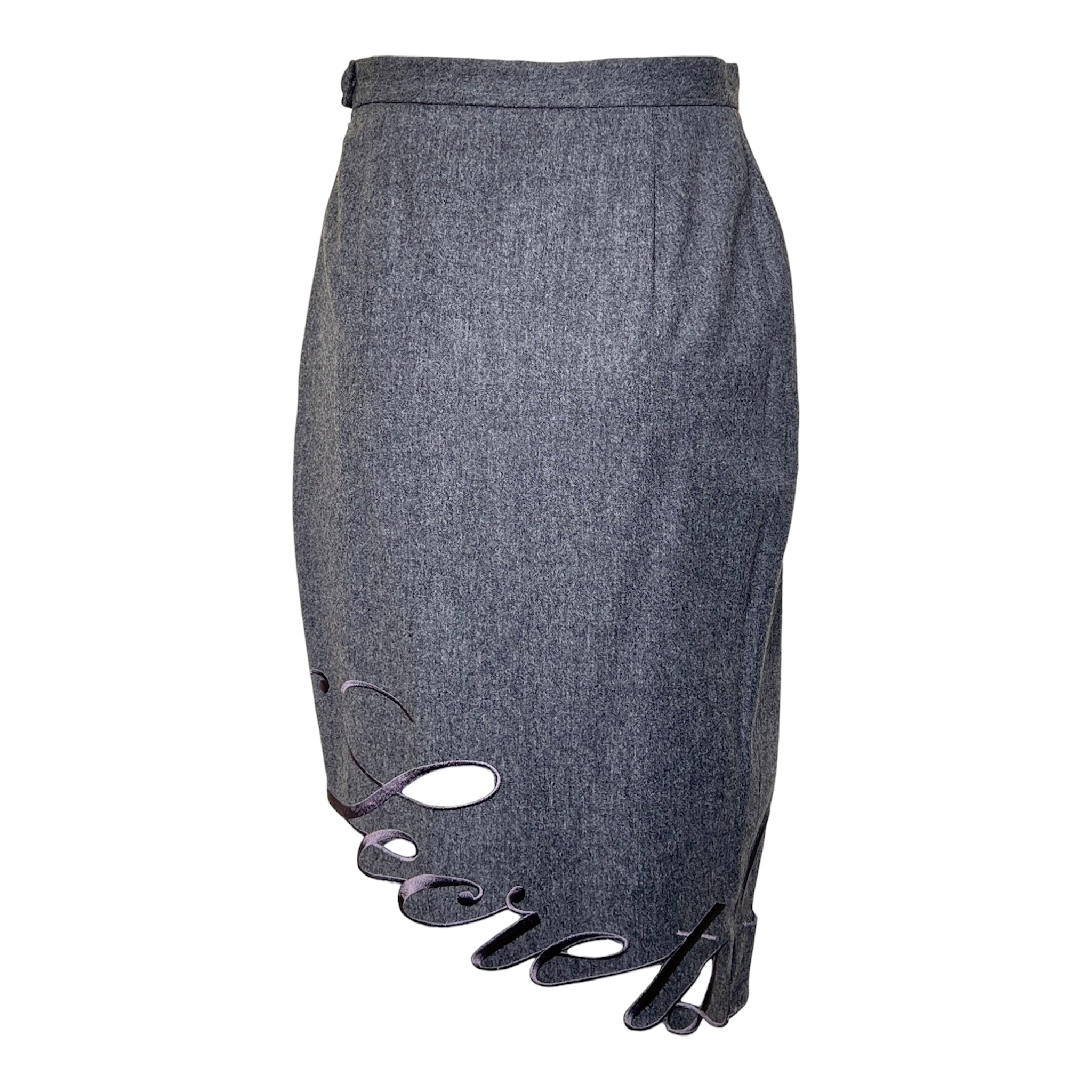 Moschino Couture 1990's Grey "Secret Desire" Skirt Suit, skirt back