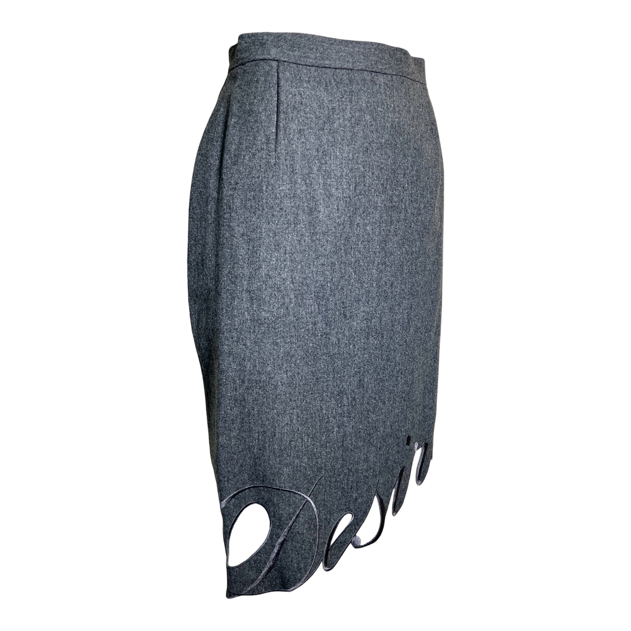 Moschino Couture 1990's Grey "Secret Desire" Skirt Suit, skirt slight side
