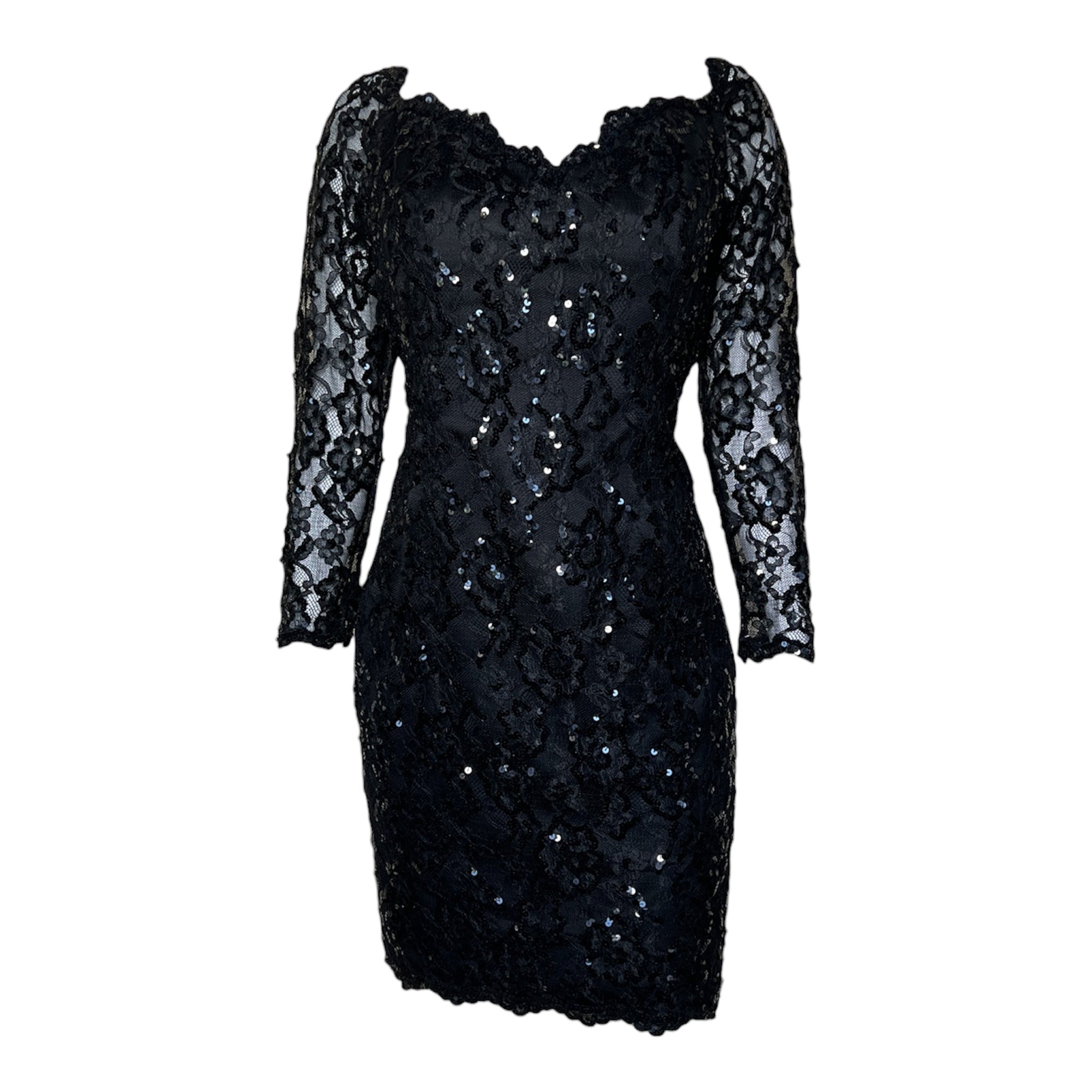 Saint Laurent 1980s Black Sequin and Lace Off Shoulder Mini Dress