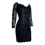 Saint Laurent 1980s Black Sequin and Lace Off Shoulder Mini Dress, slight side