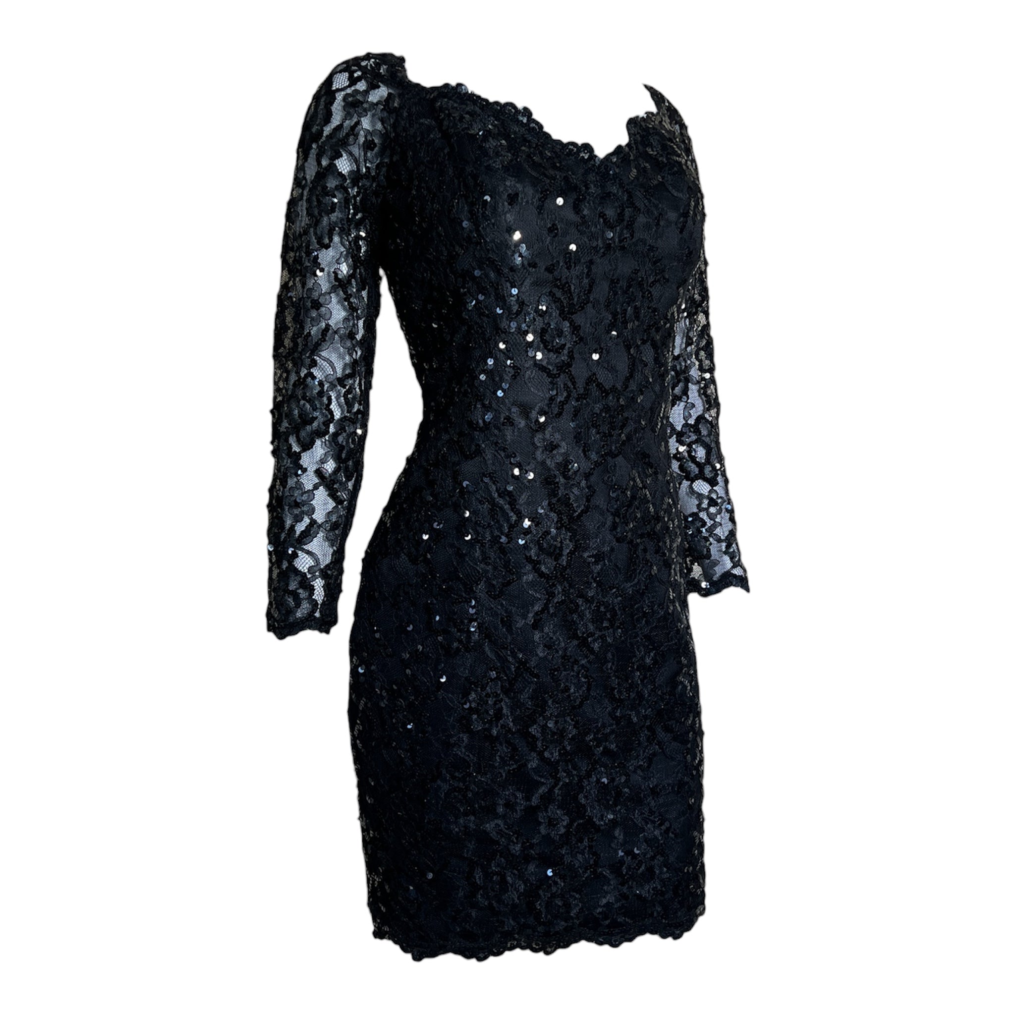 Saint Laurent 1980s Black Sequin and Lace Off Shoulder Mini Dress, slight side