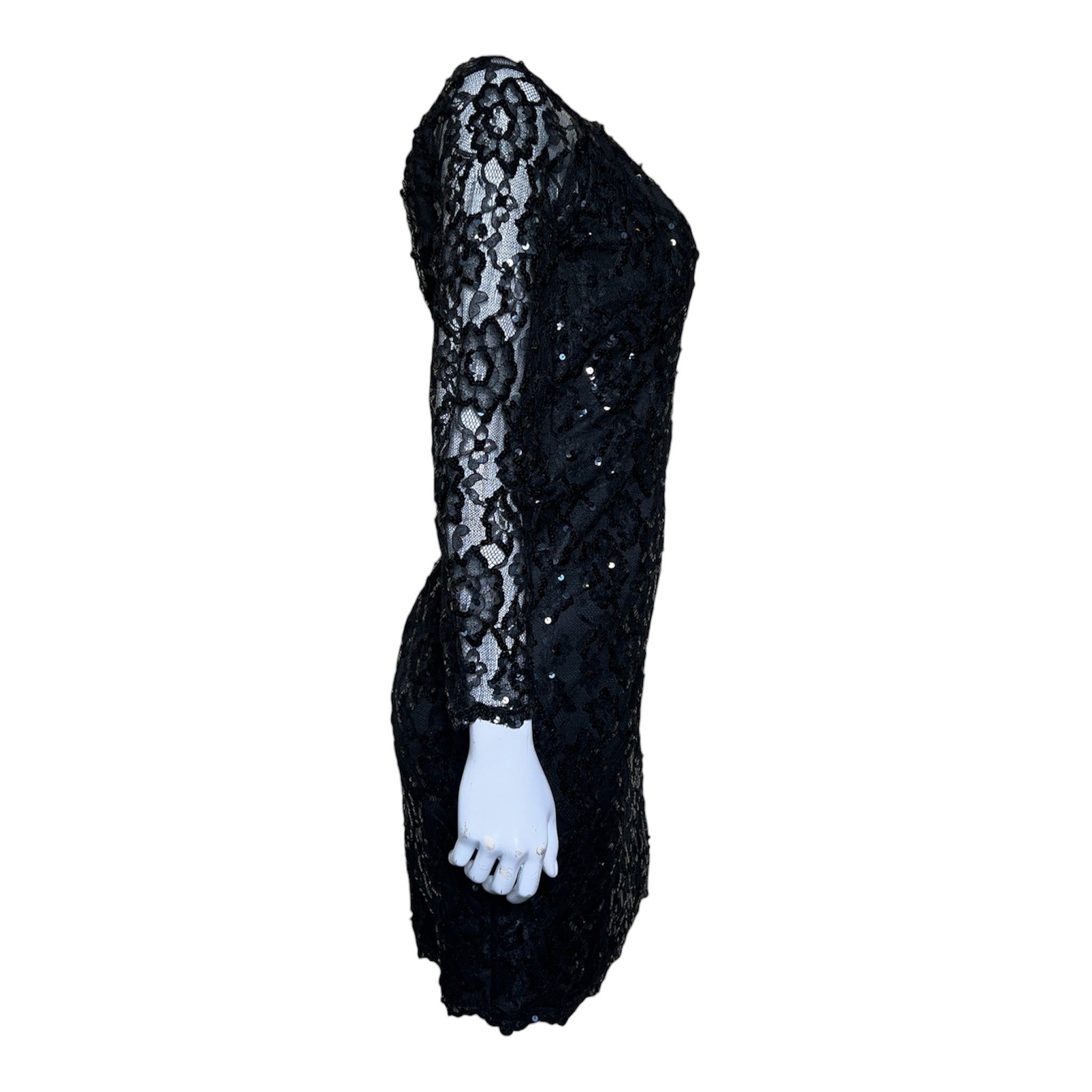 Saint Laurent 1980s Black Sequin and Lace Off Shoulder Mini Dress, right side