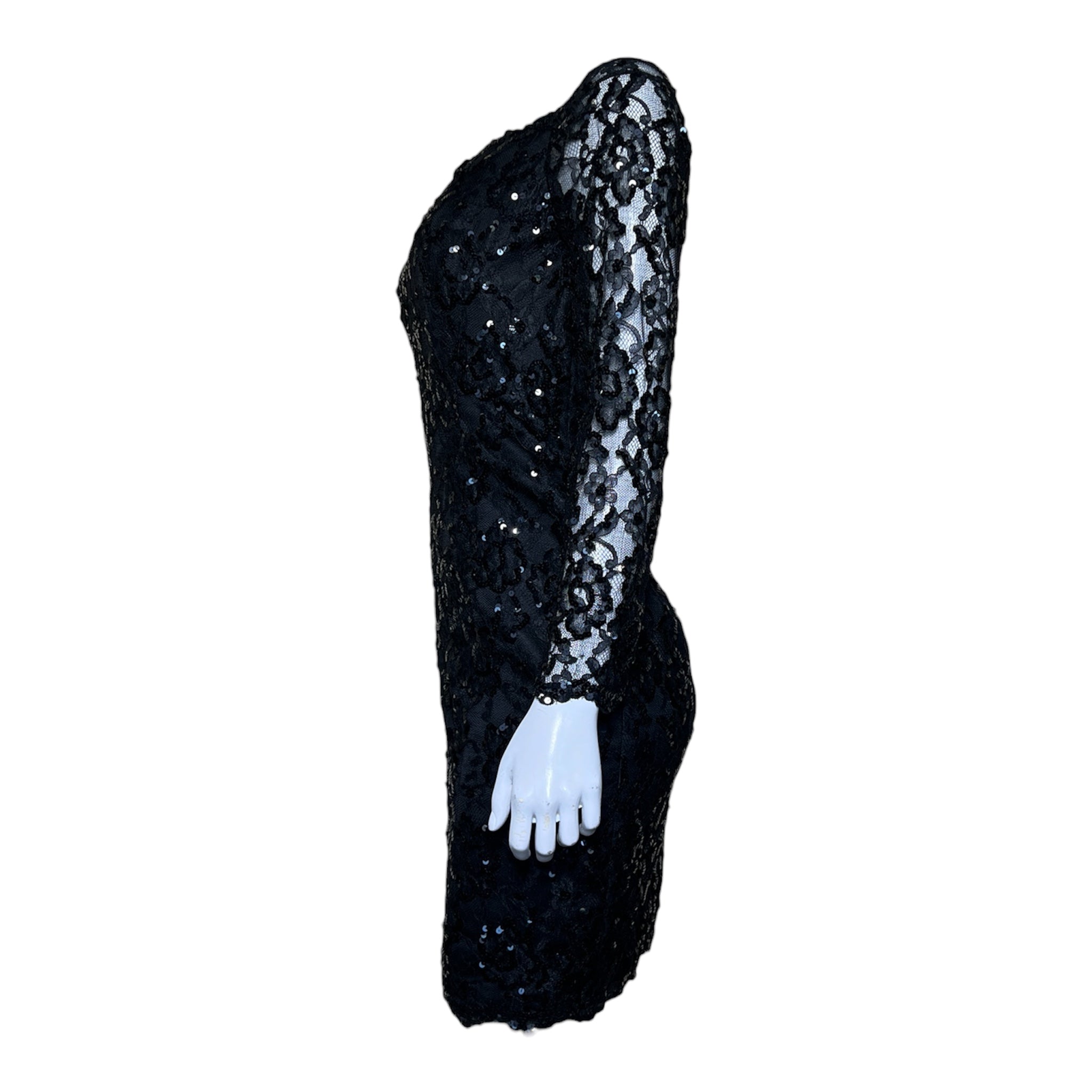 Saint Laurent 1980s Black Sequin and Lace Off Shoulder Mini Dress, left side