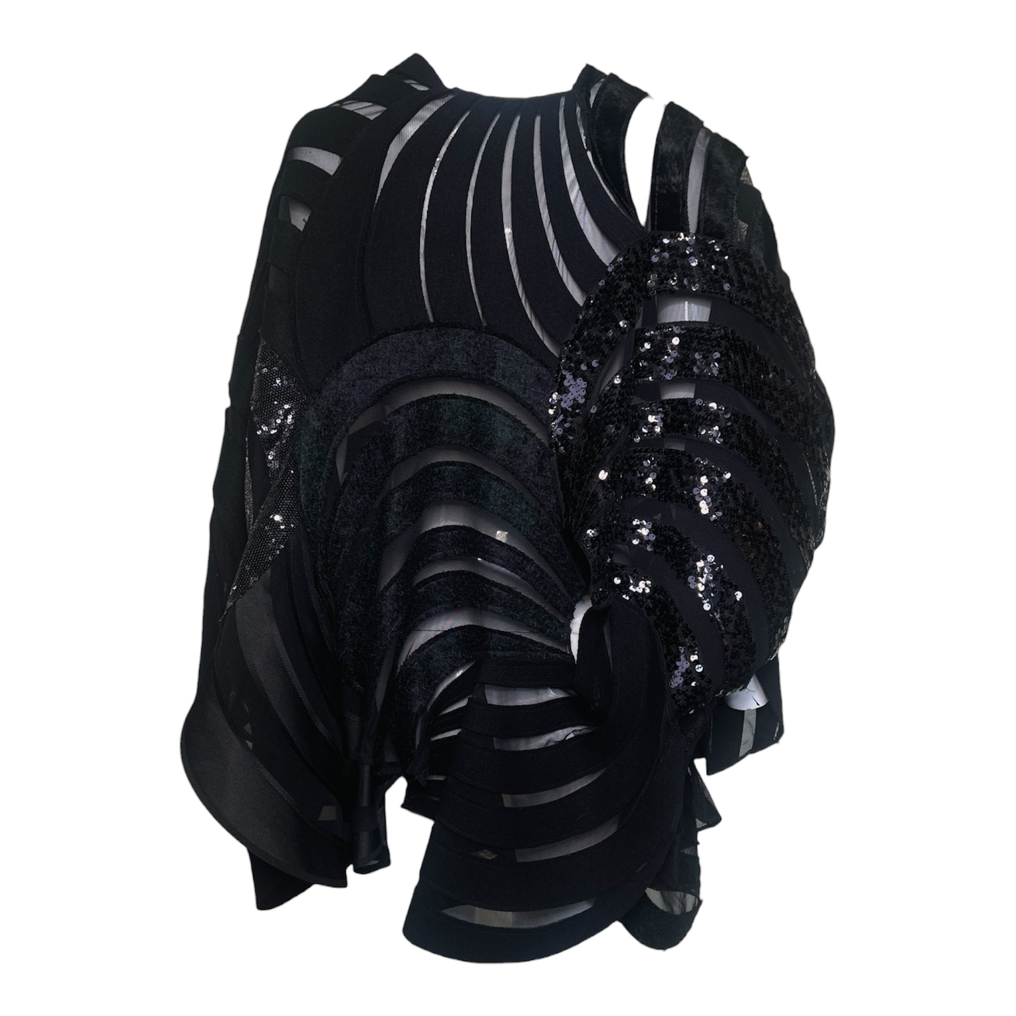Junya Watanabe Comme des Garcons 2014 Black Sequined Wool and Mesh Patchwork Jacket, back