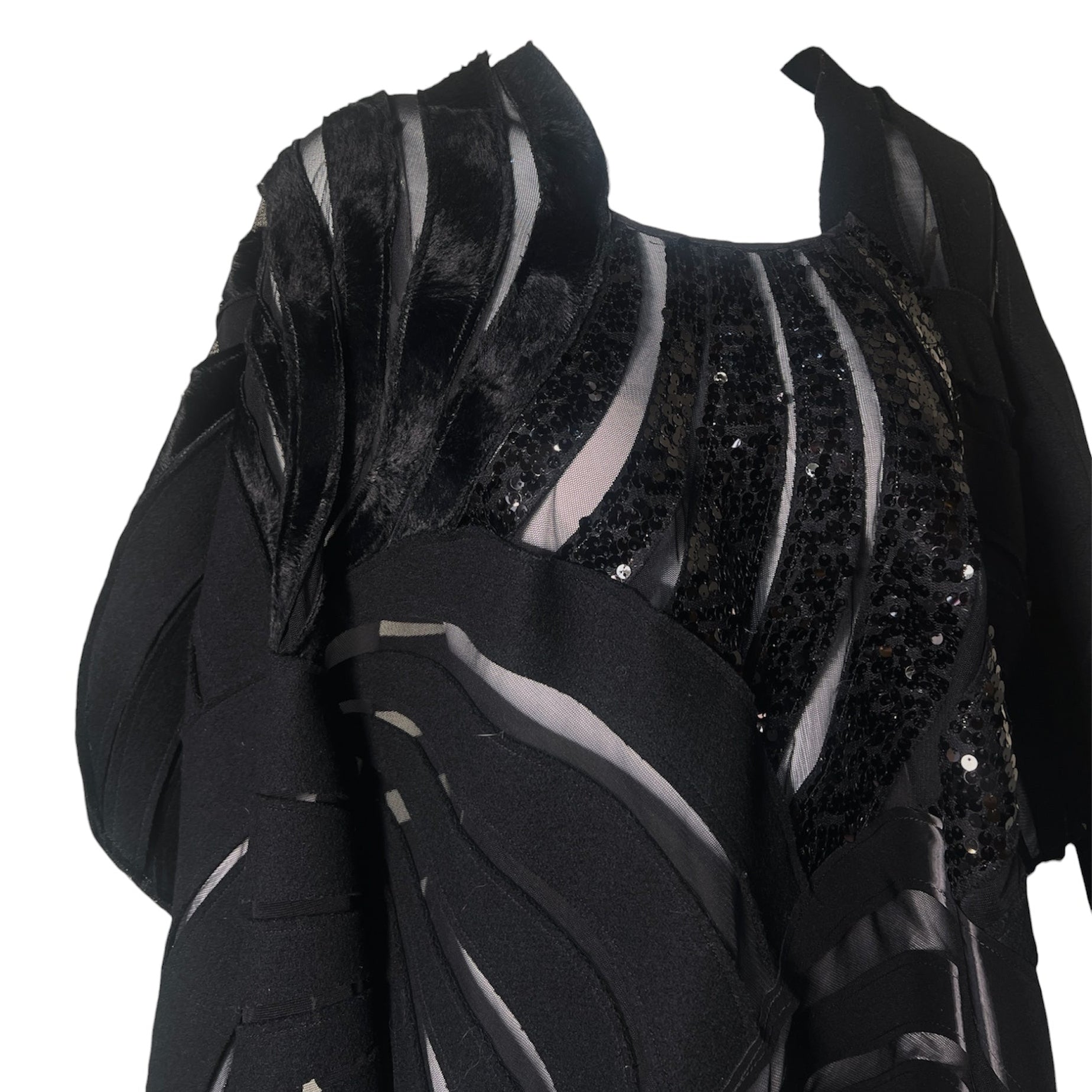 Junya Watanabe Comme des Garcons 2014 Black Sequined Wool and Mesh Patchwork Jacket, upper
