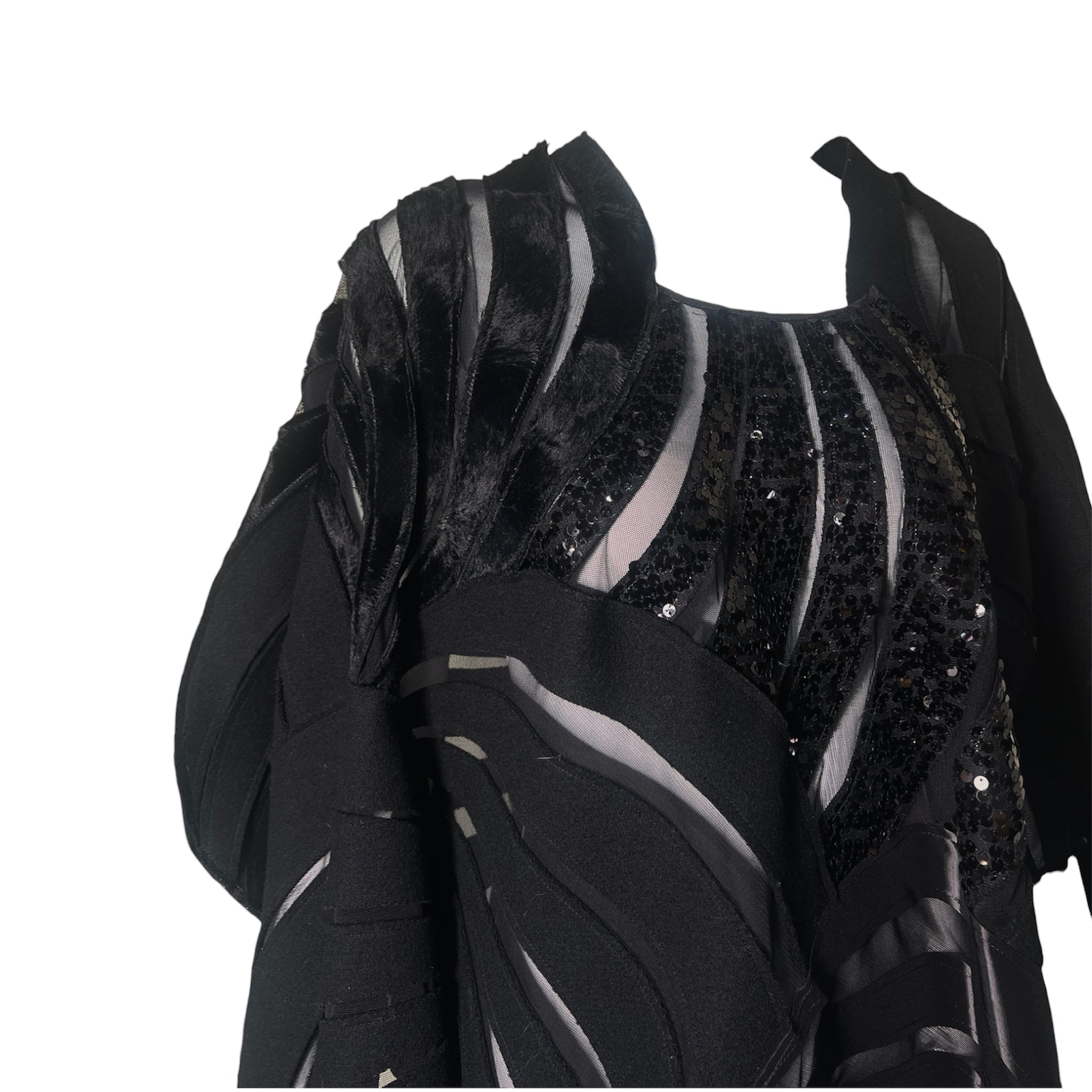 Junya Watanabe Comme des Garcons 2014 Black Sequined Wool and Mesh Patchwork Jacket, upper