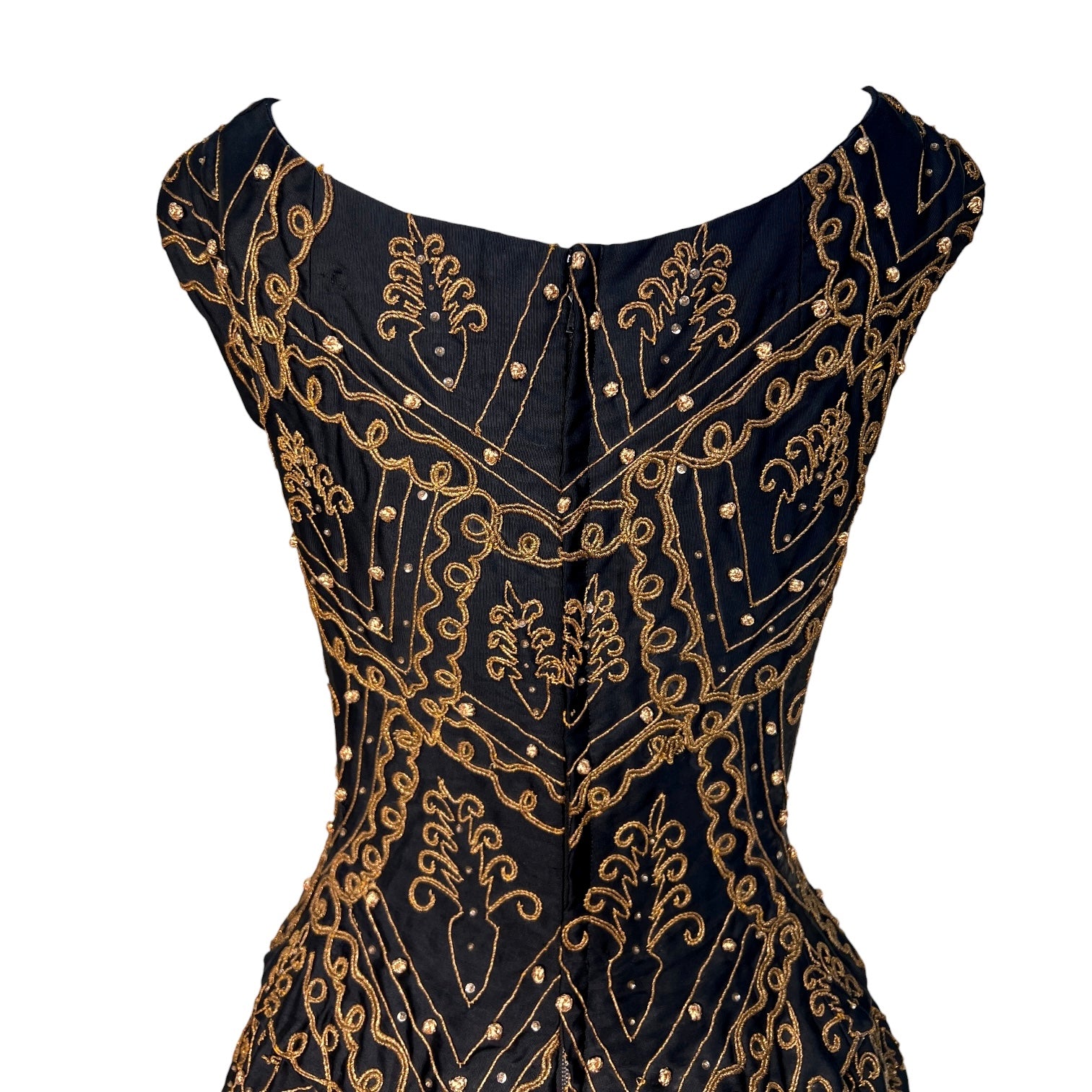 Christian Dior A/W 1954 'Mexique' Embellished Black Faille H Line Dress, bodice front