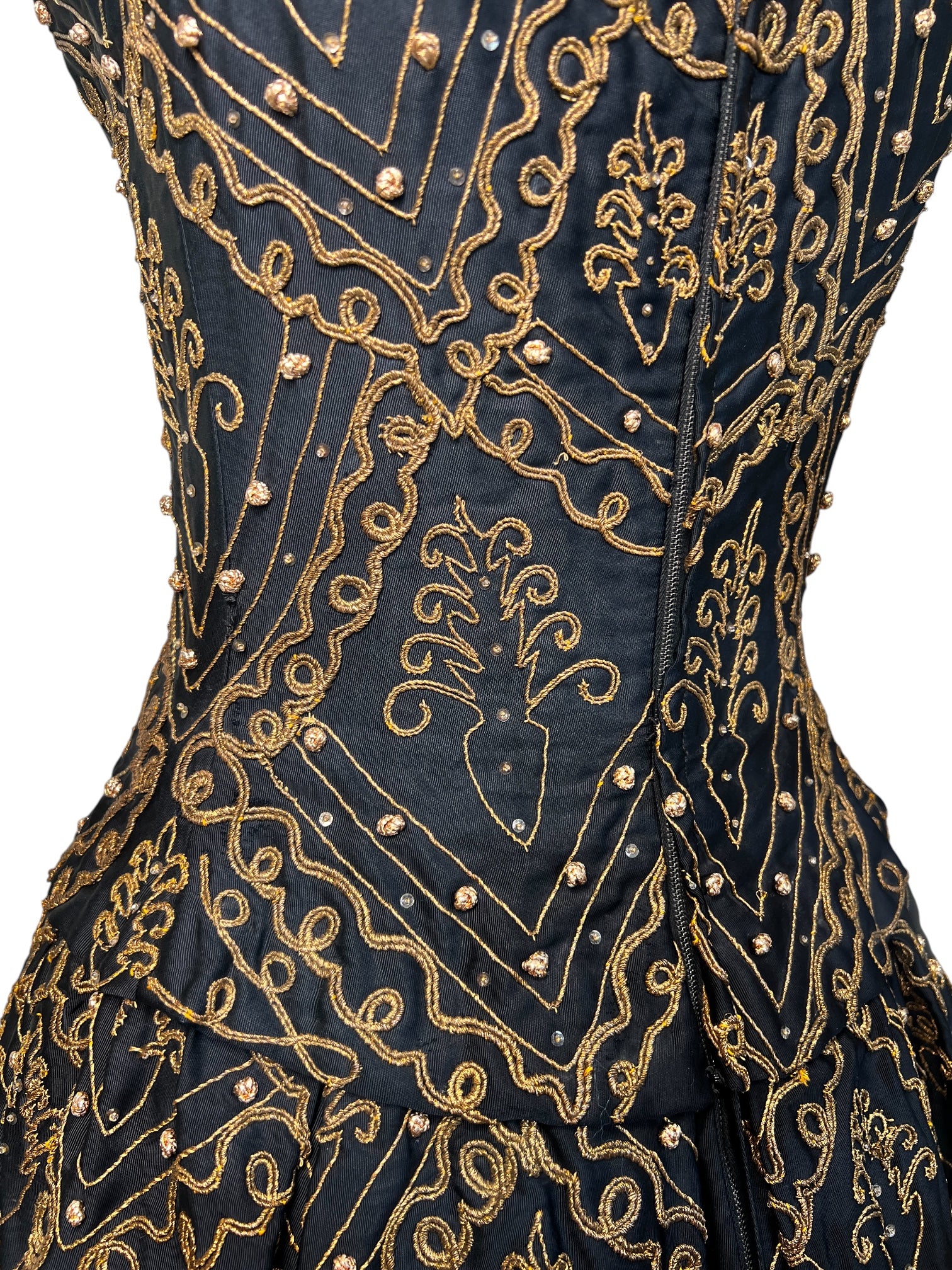 Christian Dior A/W 1954 'Mexique' Embellished Black Faille H Line Dress, midriff side 2