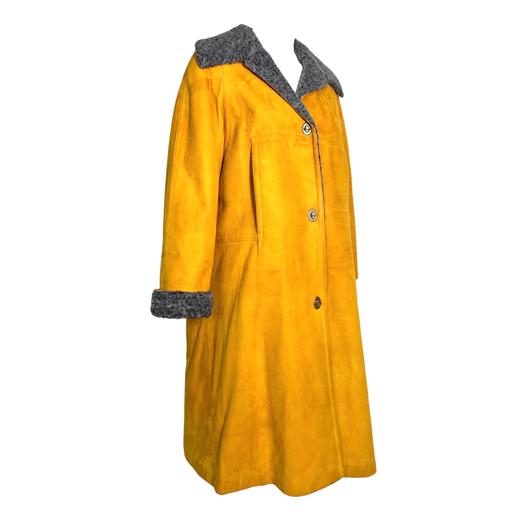 Bonnie Cashin for Sills 1960's Ochre Suede Coat with Grey Shearling Lining, slight side