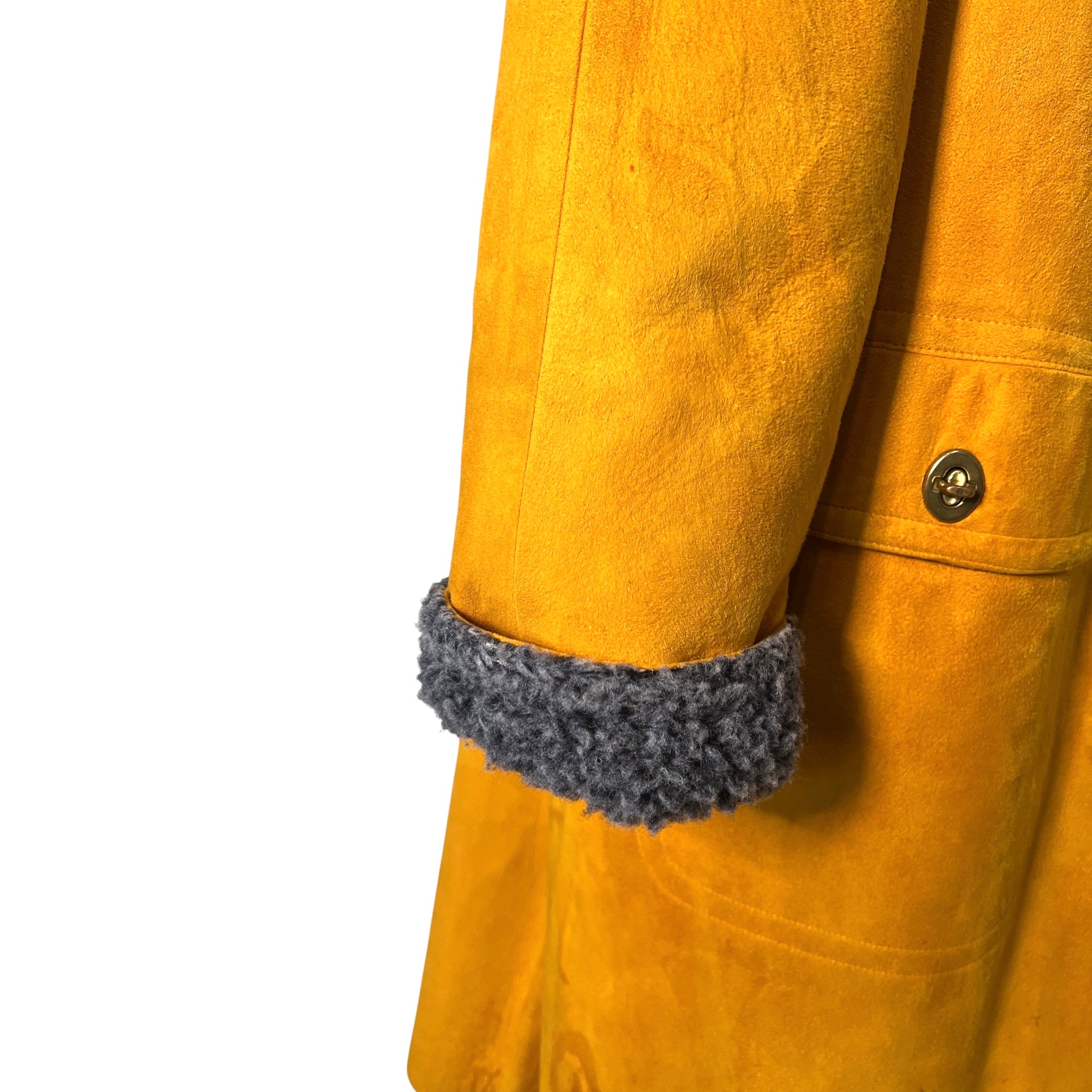 Bonnie Cashin for Sills 1960's Ochre Suede Coat with Grey Shearling Lining, back pocket detail