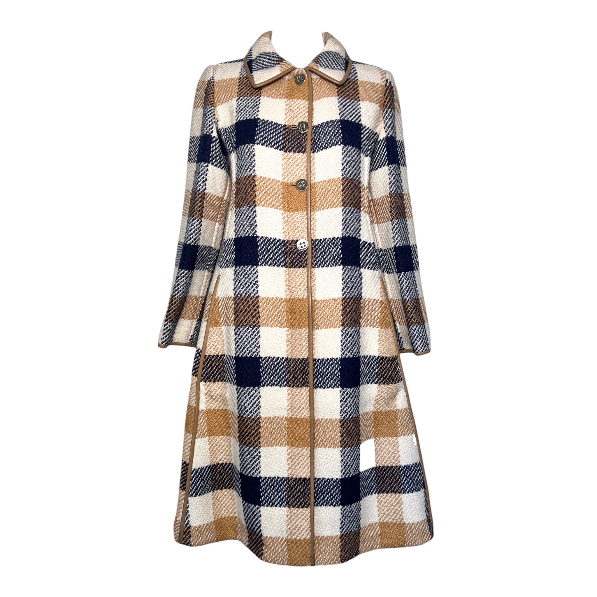  Bonnie Cashin for Sills Spring 1968 Cream, Tan, and Navy Plaid Tweed Coat FRONT