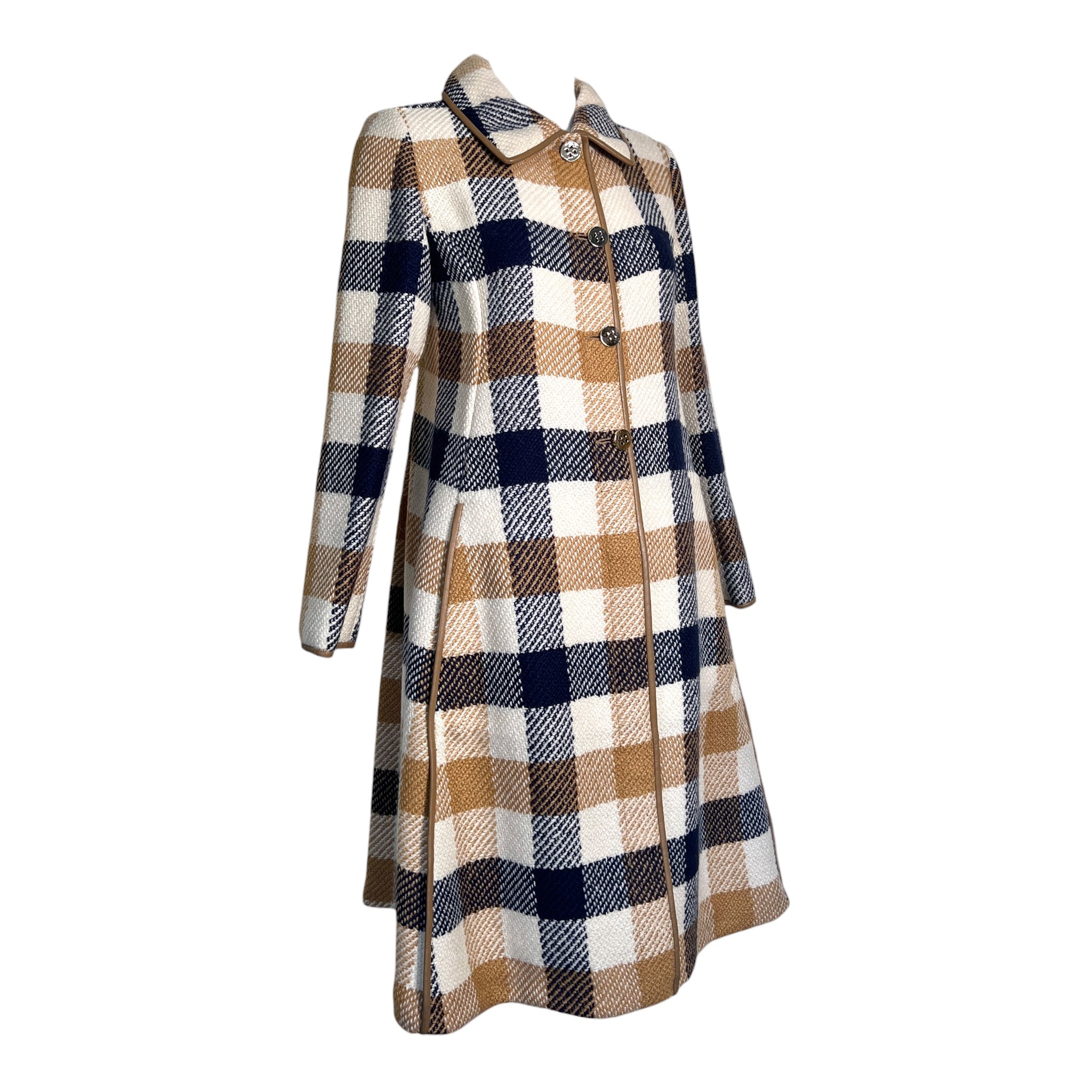  Bonnie Cashin for Sills Spring 1968 Cream, Tan, and Navy Plaid Tweed Coat FRONT ANGLE