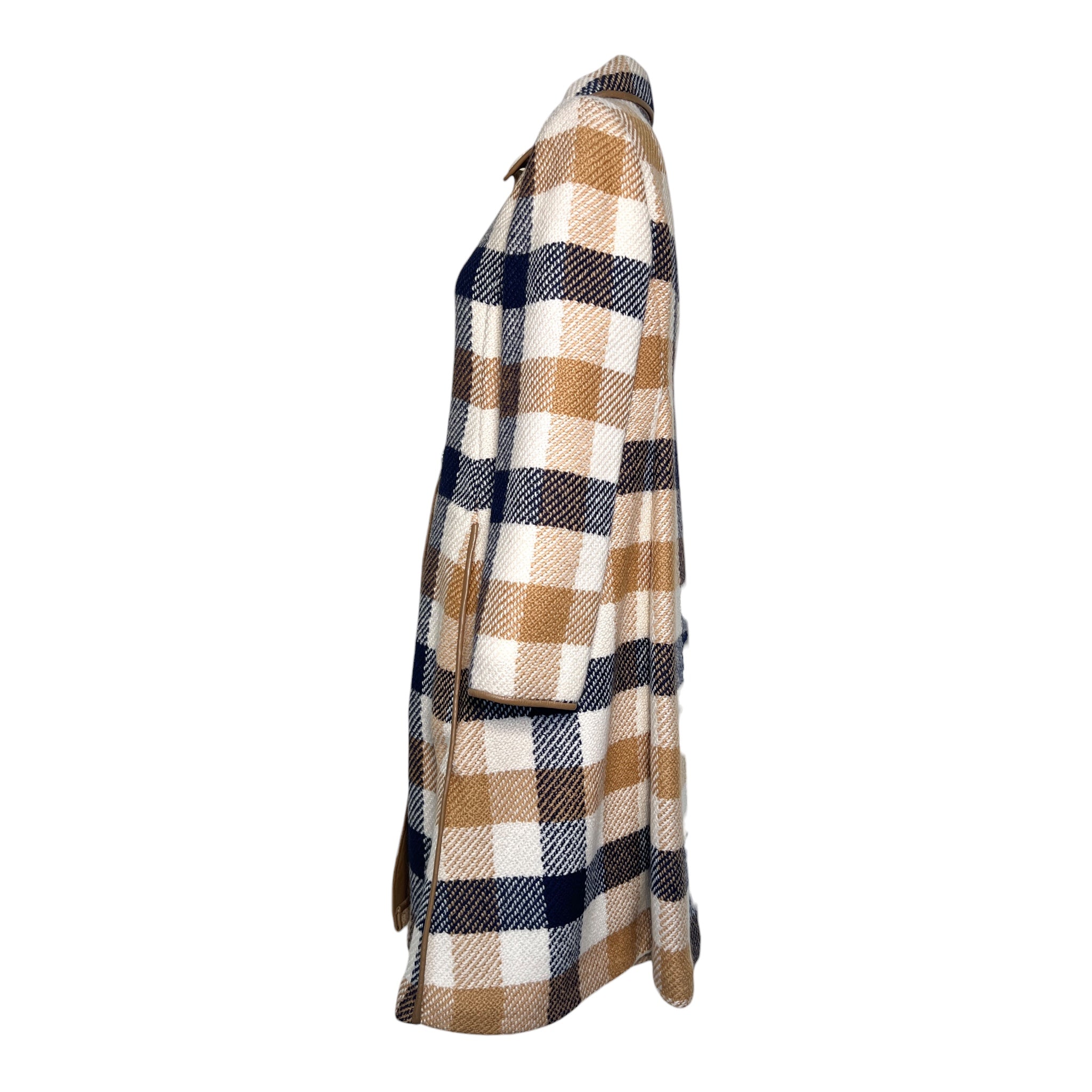  Bonnie Cashin for Sills Spring 1968 Cream, Tan, and Navy Plaid Tweed Coat LEFT SIDE