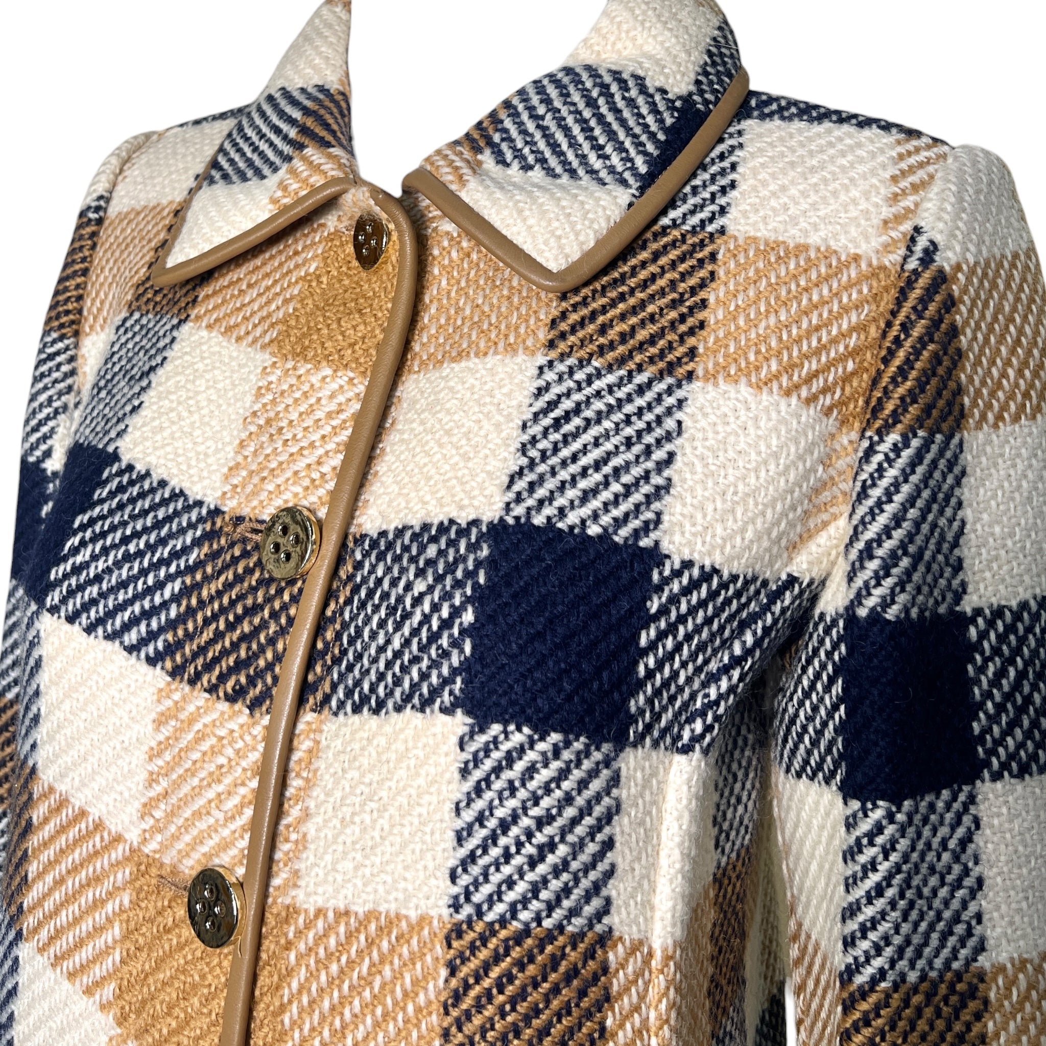  Bonnie Cashin for Sills Spring 1968 Cream, Tan, and Navy Plaid Tweed Coa DETAIL