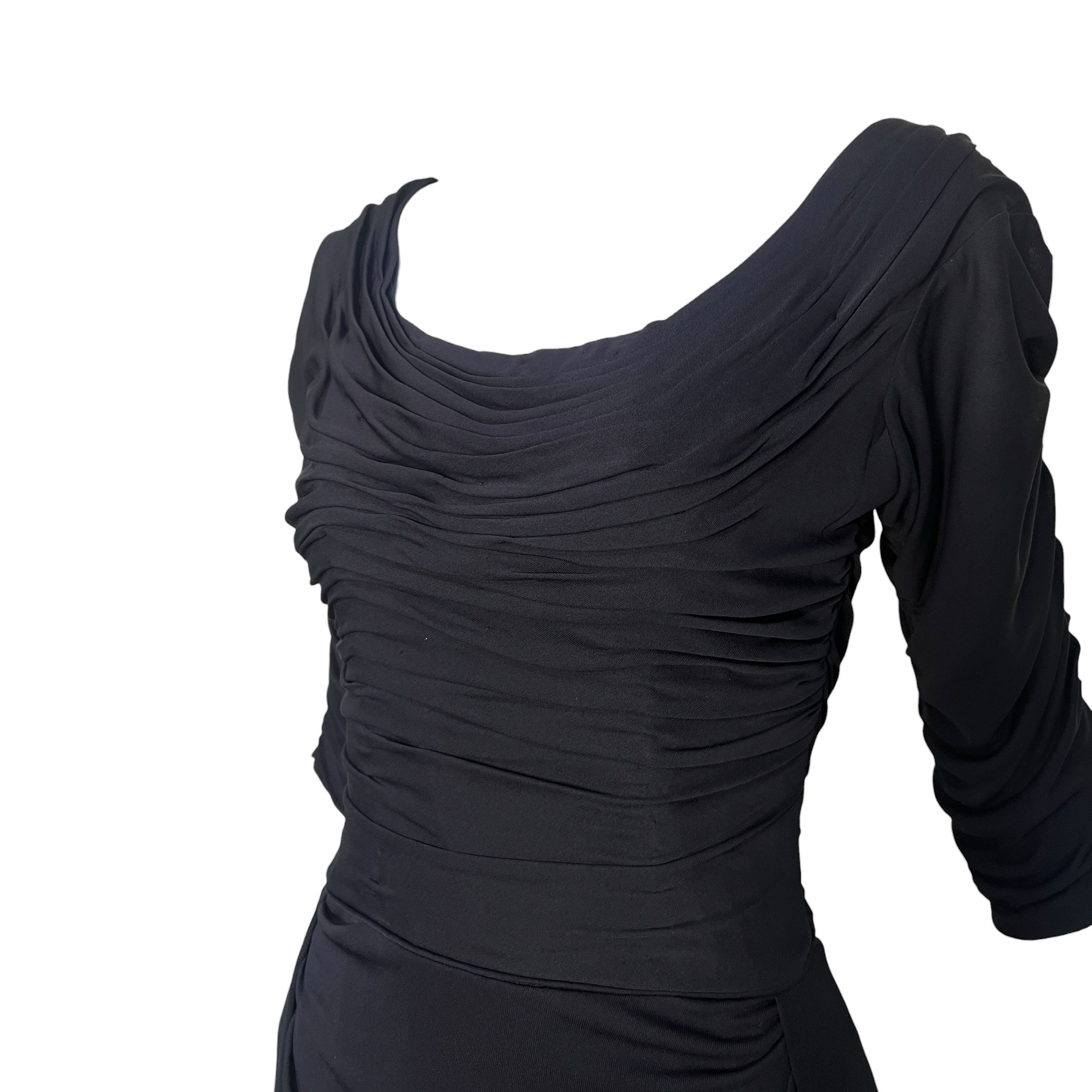 Ceil Chapman 1953 Black Shirred Sleeved Evening Dress, Vogue Documented, neckline
