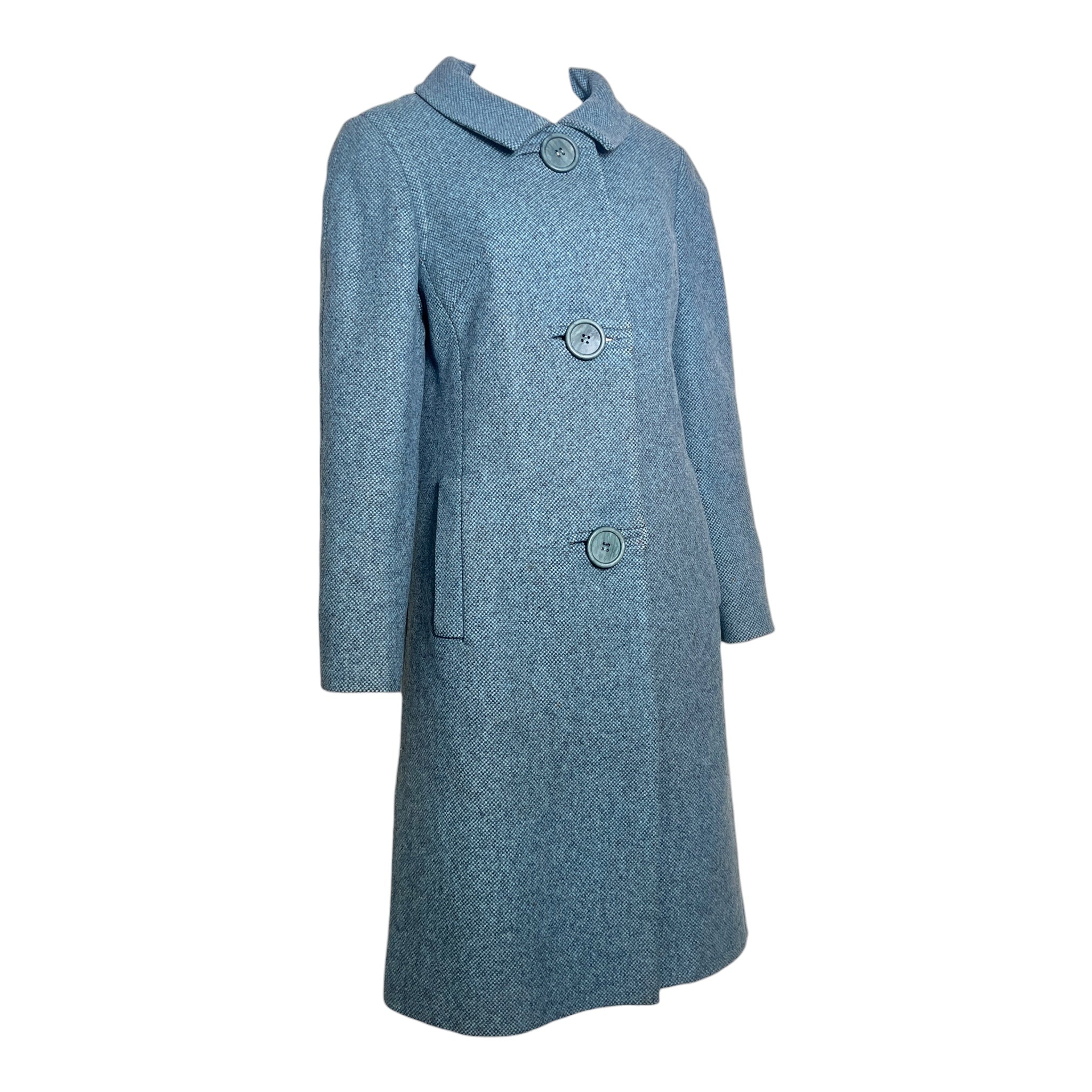 Balmain 1965 TWA Heather Blue Pebble Tweed Flight Attendant Coat, slight side