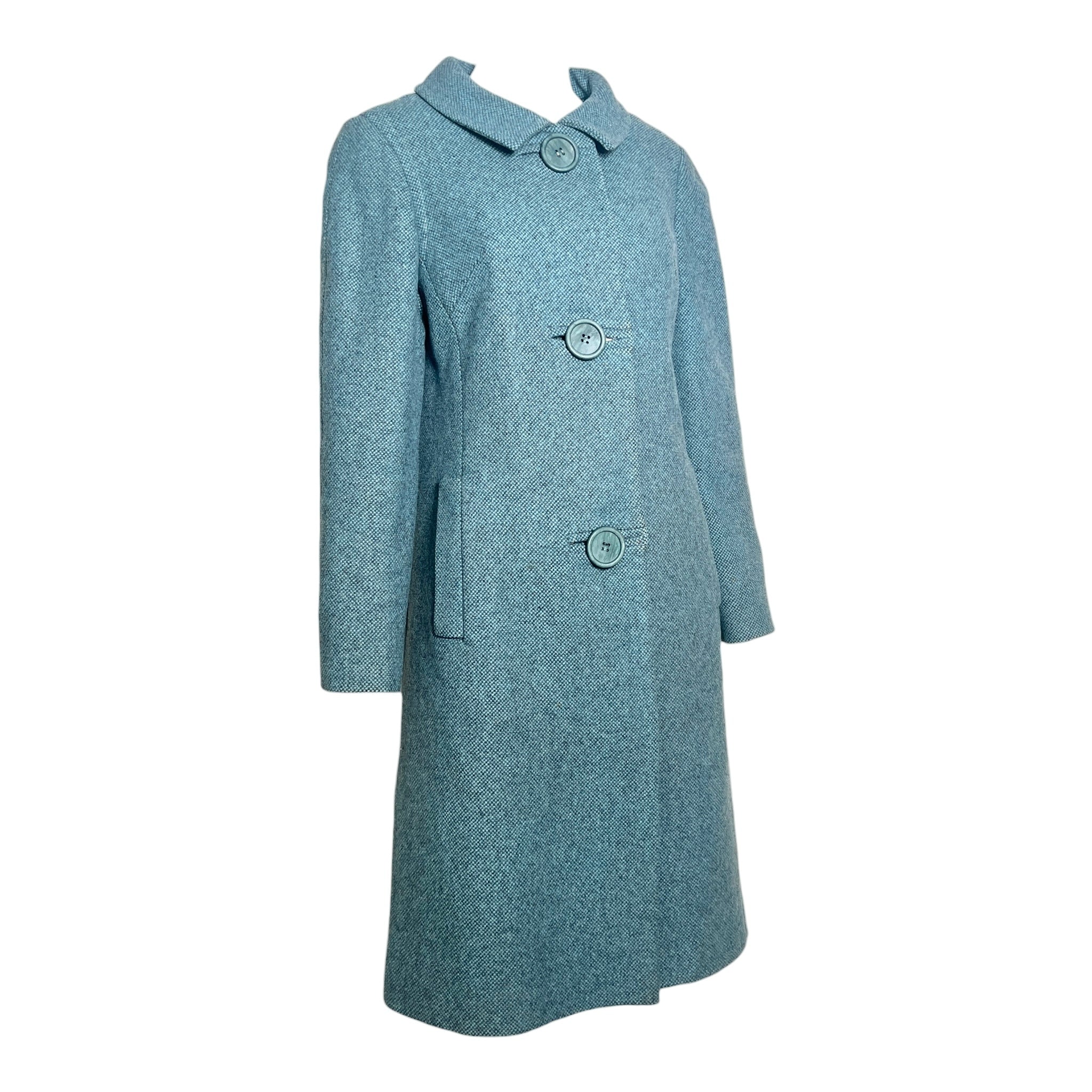 Balmain for TWA 1965 French Heather Blue Pebble Tweed Wool Flight Attendant Coat FRONT ANGLE