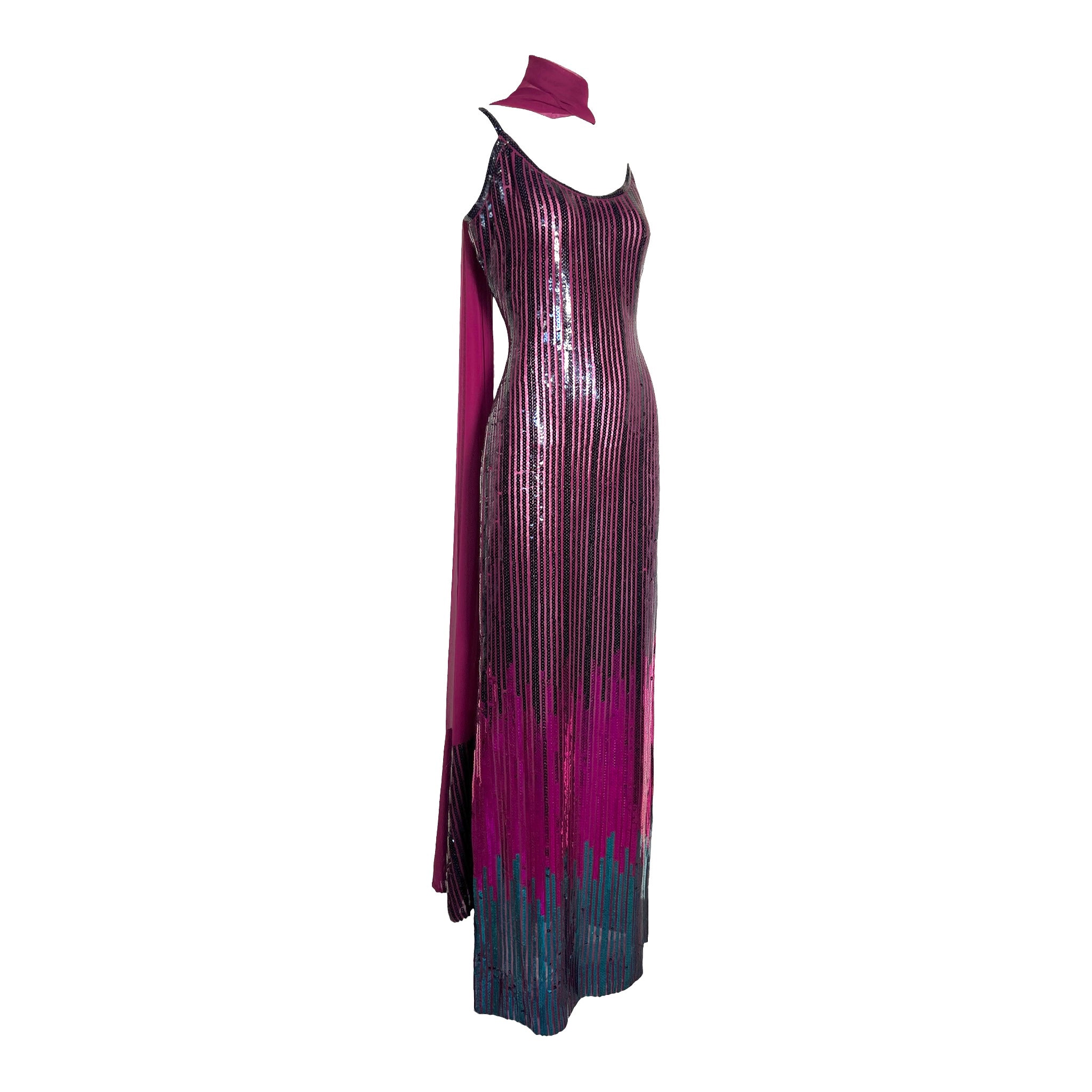 Ruben Panis Late 1970's Fuchsia and Wine Ombre Sequin Column Dress With Chiffon Scarf FRONT ANGLE