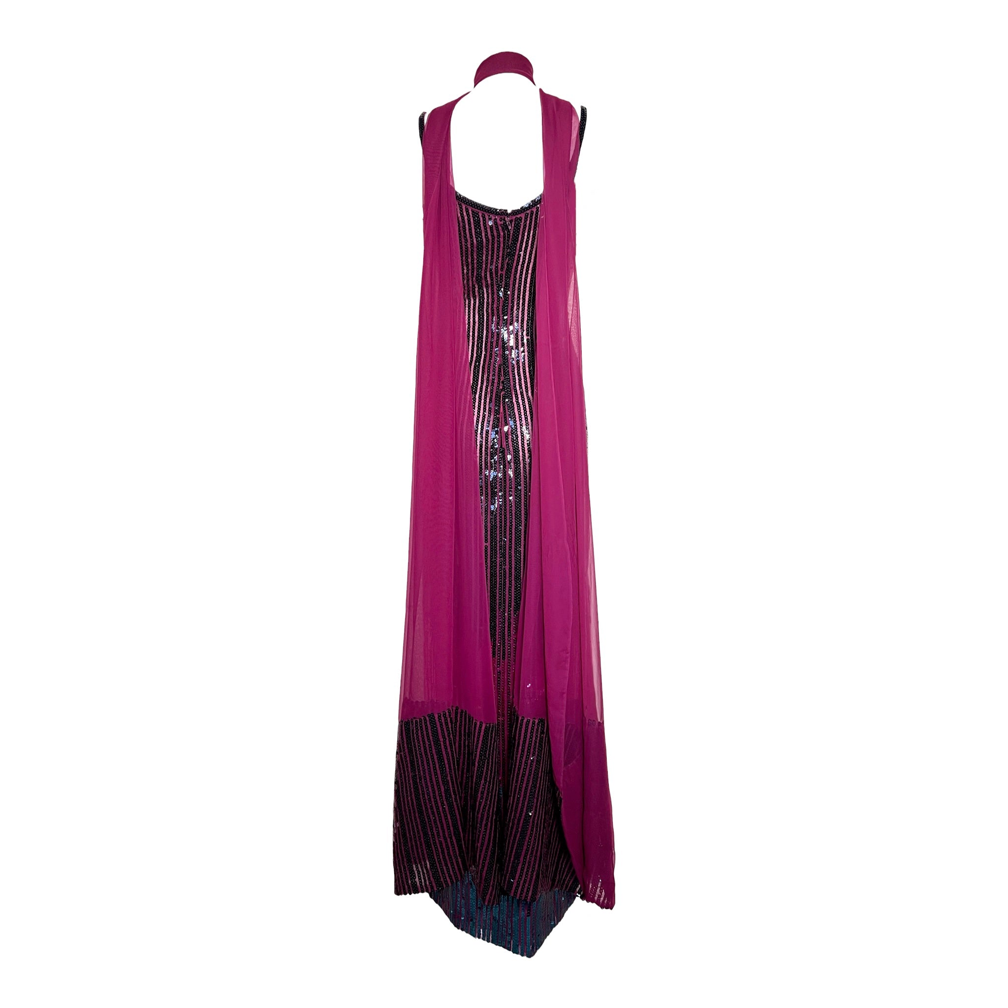 Ruben Panis Late 1970's Fuchsia and Wine Ombre Sequin Column Dress With Chiffon Scarf BACK + SCARF