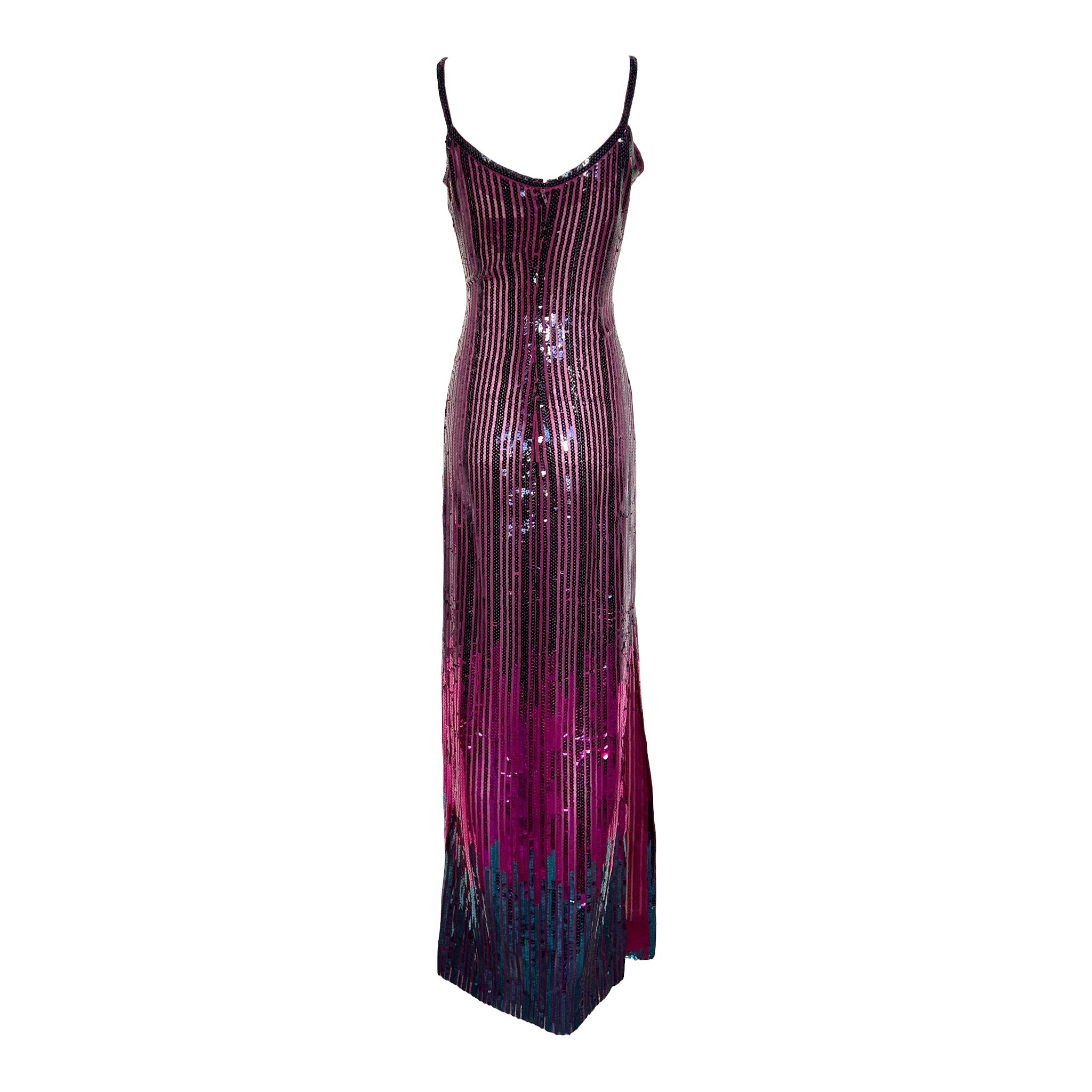 Ruben Panis Late 1970's Fuchsia and Wine Ombre Sequin Column Dress With Chiffon Scarf BACK
