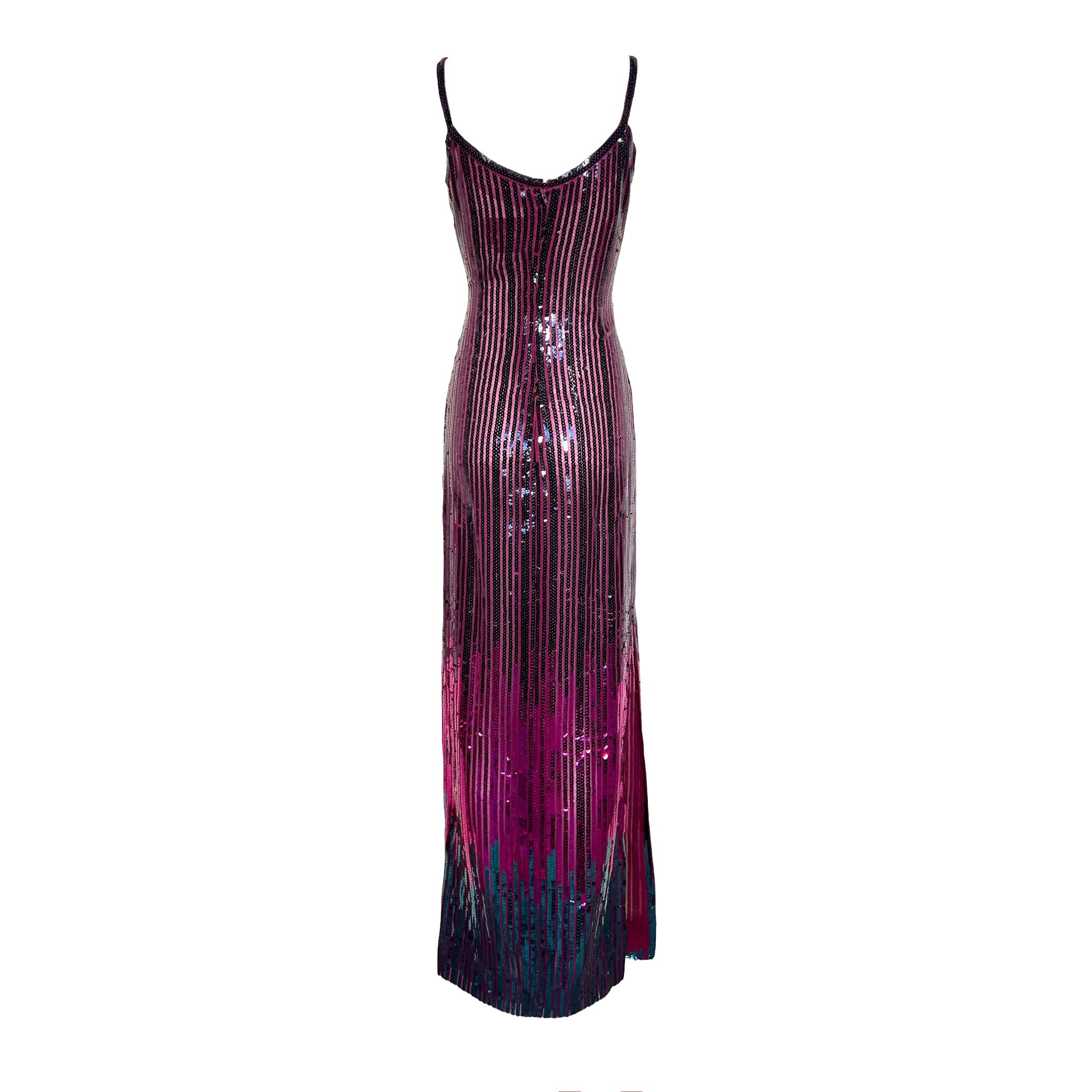 Ruben Panis Late 1970's Fuchsia and Wine Ombre Sequin Column Dress With Chiffon Scarf BACK