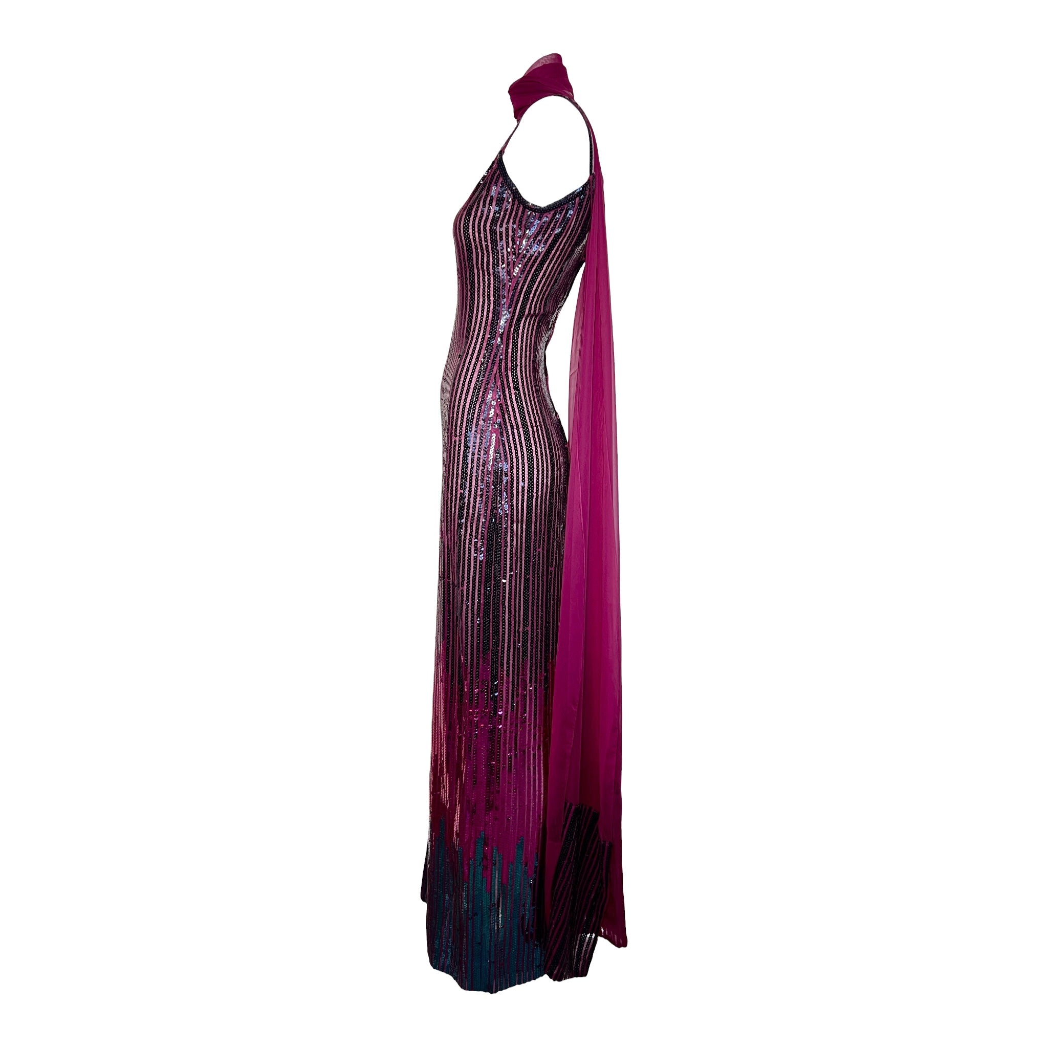 Ruben Panis Late 1970's Fuchsia and Wine Ombre Sequin Column Dress With Chiffon Scarf LEFT SIDE