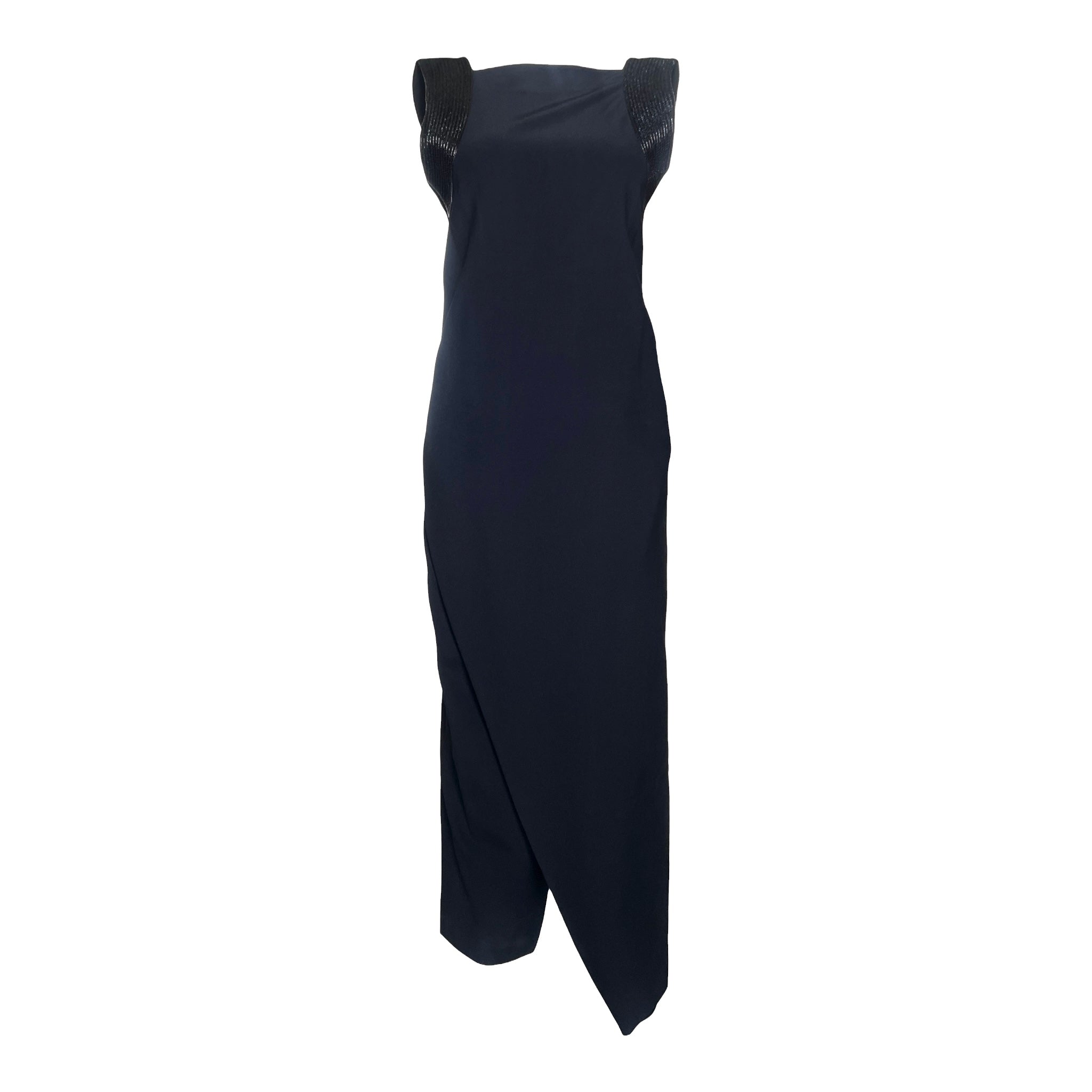 Gianfranco Ferre Mid 1990s Black Crepe Gown w/ Raffia Trim