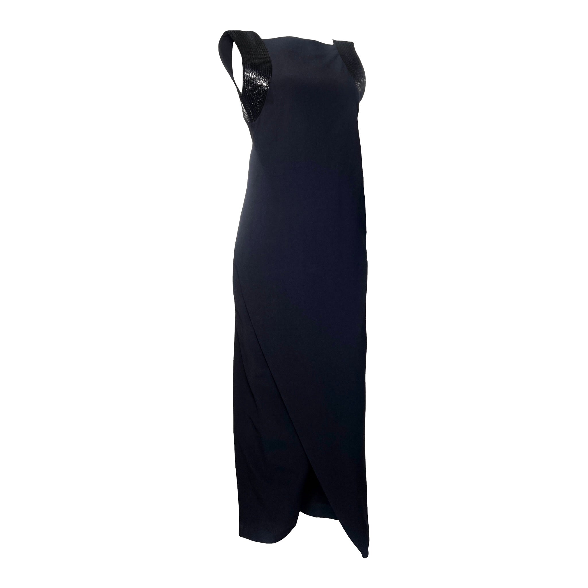 Gianfranco Ferre Mid 1990s Black Crepe Gown w/ Raffia Trim, slight side