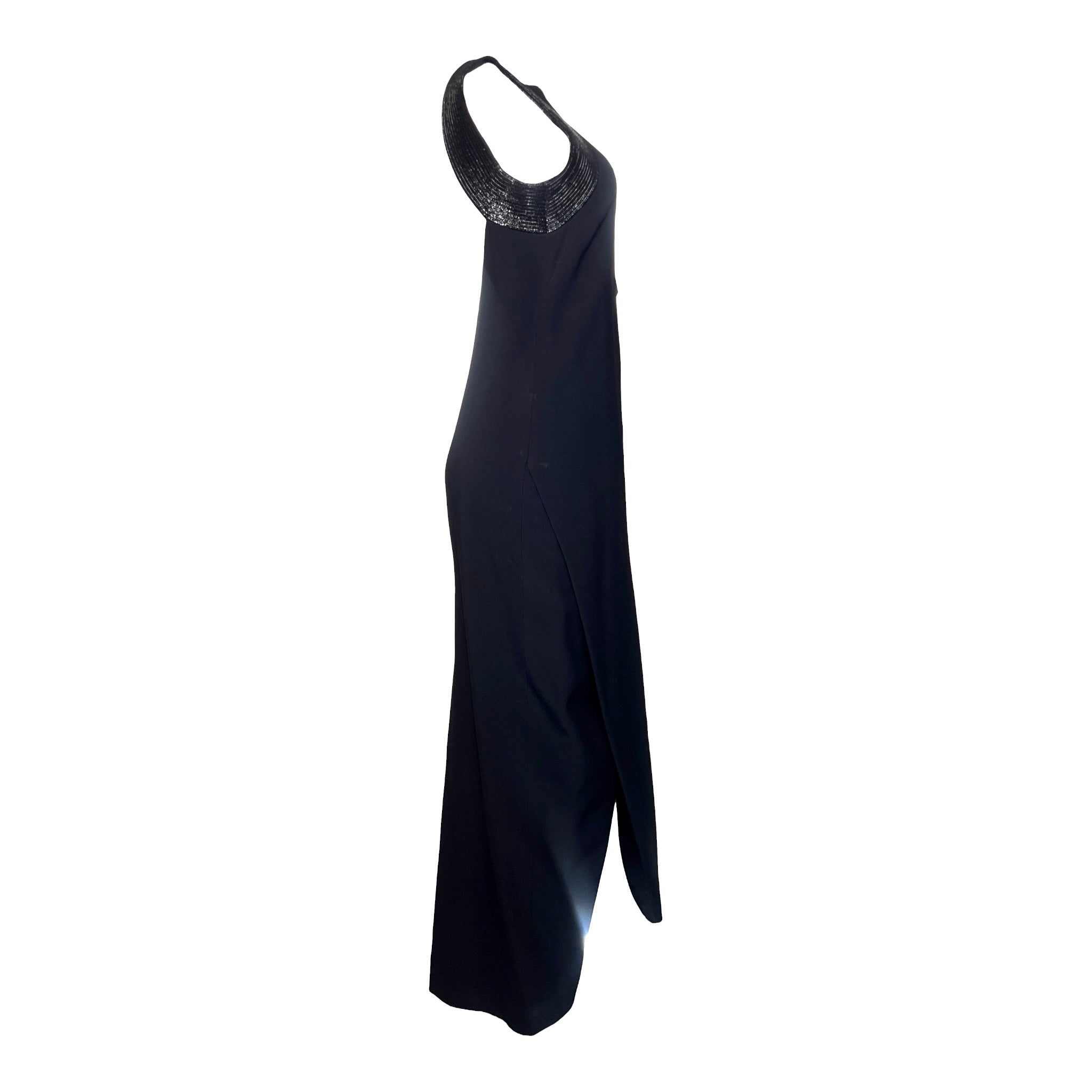 Gianfranco Ferre Mid 1990s Black Crepe Gown w/ Raffia Trim, side