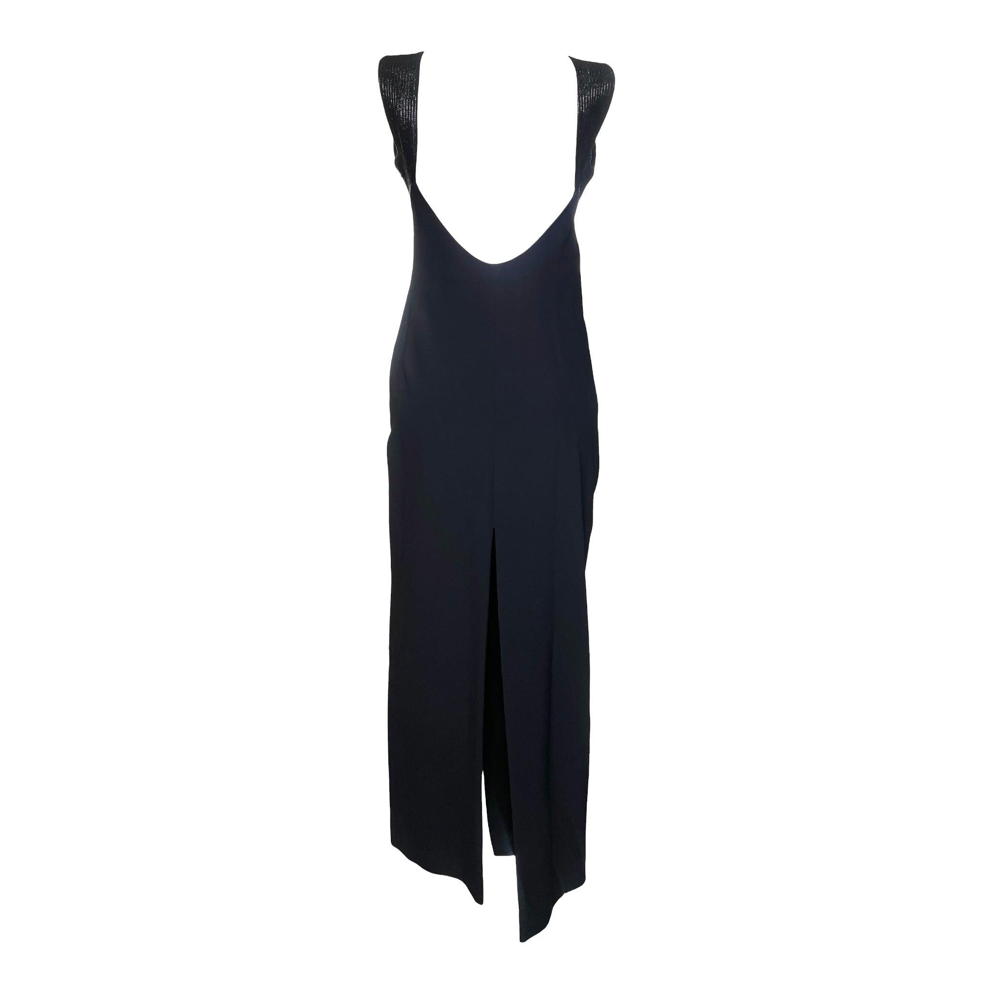 Gianfranco Ferre Mid 1990s Black Crepe Gown w/ Raffia Trim, back