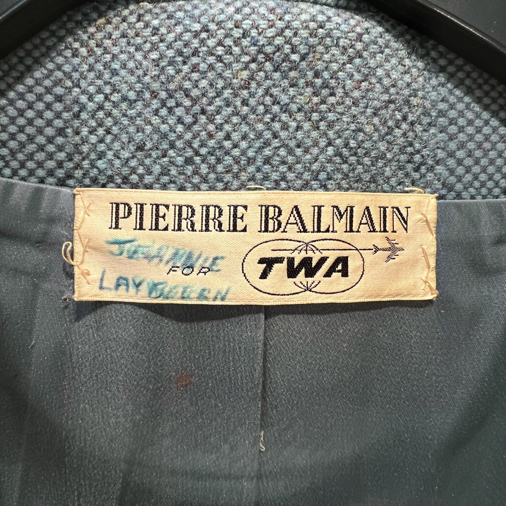 Balmain 1965 TWA Heather Blue Pebble Tweed Flight Attendant Coat, label