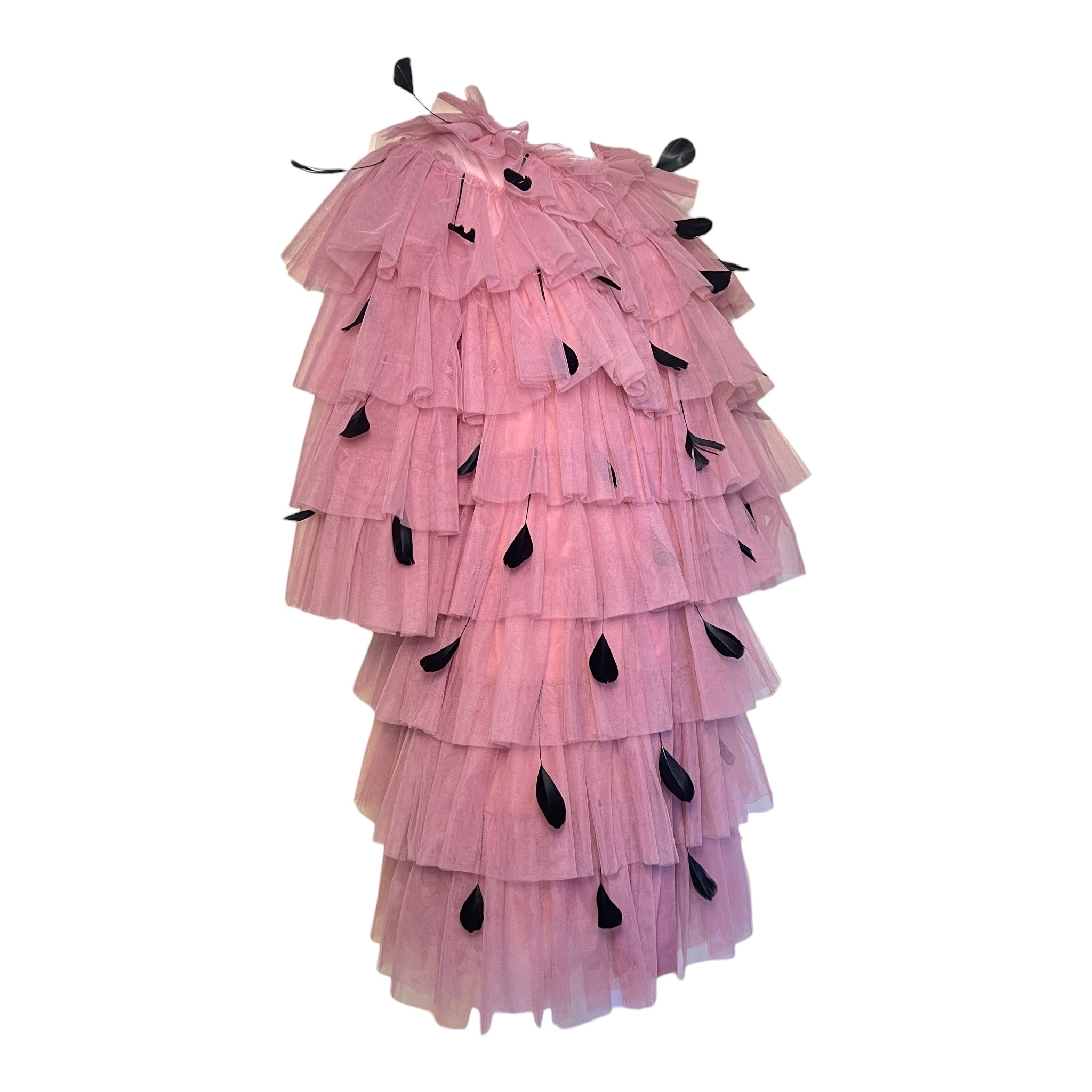 Huishan Zhang 2025 Tiered Pink Tulle Dress/Coat w/Feathers, slight side