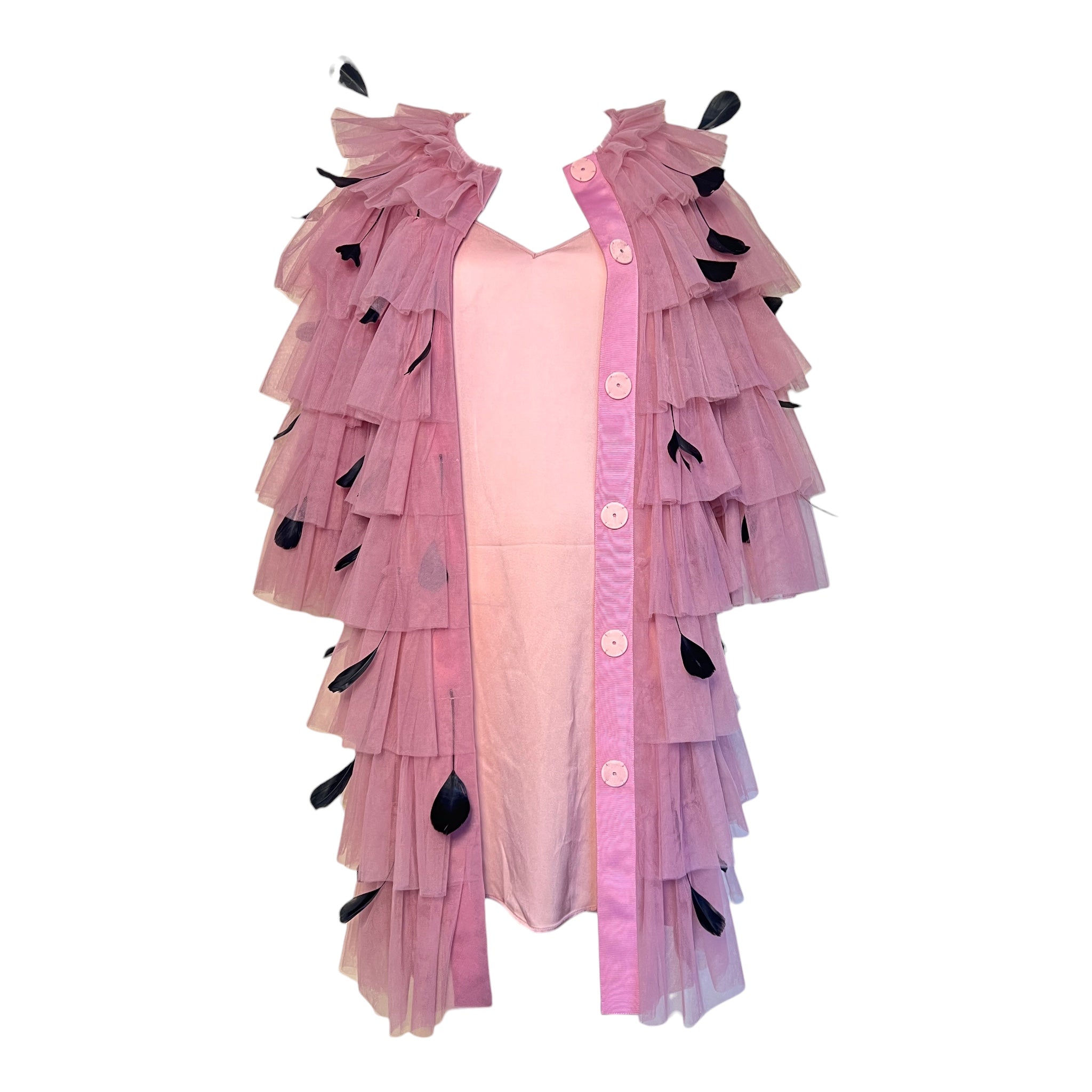 Huishan Zhang 2025 Tiered Pink Tulle Dress/Coat w/Feathers, open