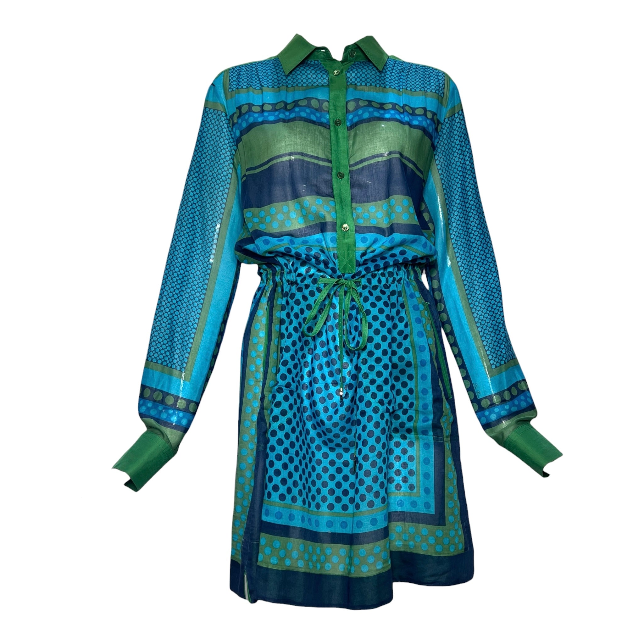 Loro Piana Green and Blue Geometric Print Cotton Long Sleeve Shirt Dress