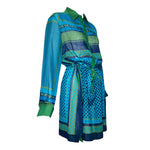 Loro Piana Green and Blue Geometric Print Cotton Long Sleeve Shirt Dress, slight side