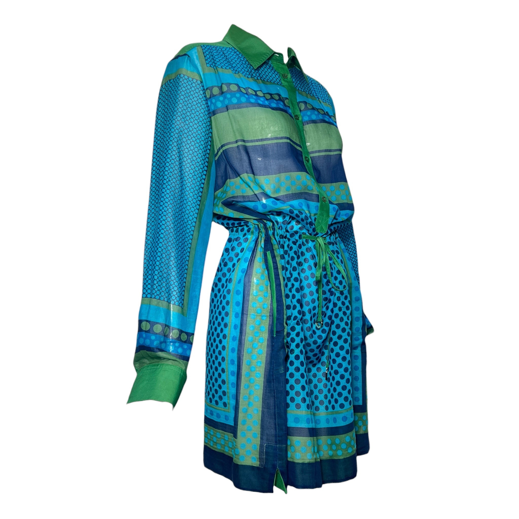 Loro Piana Green and Blue Geometric Print Cotton Long Sleeve Shirt Dress, slight side