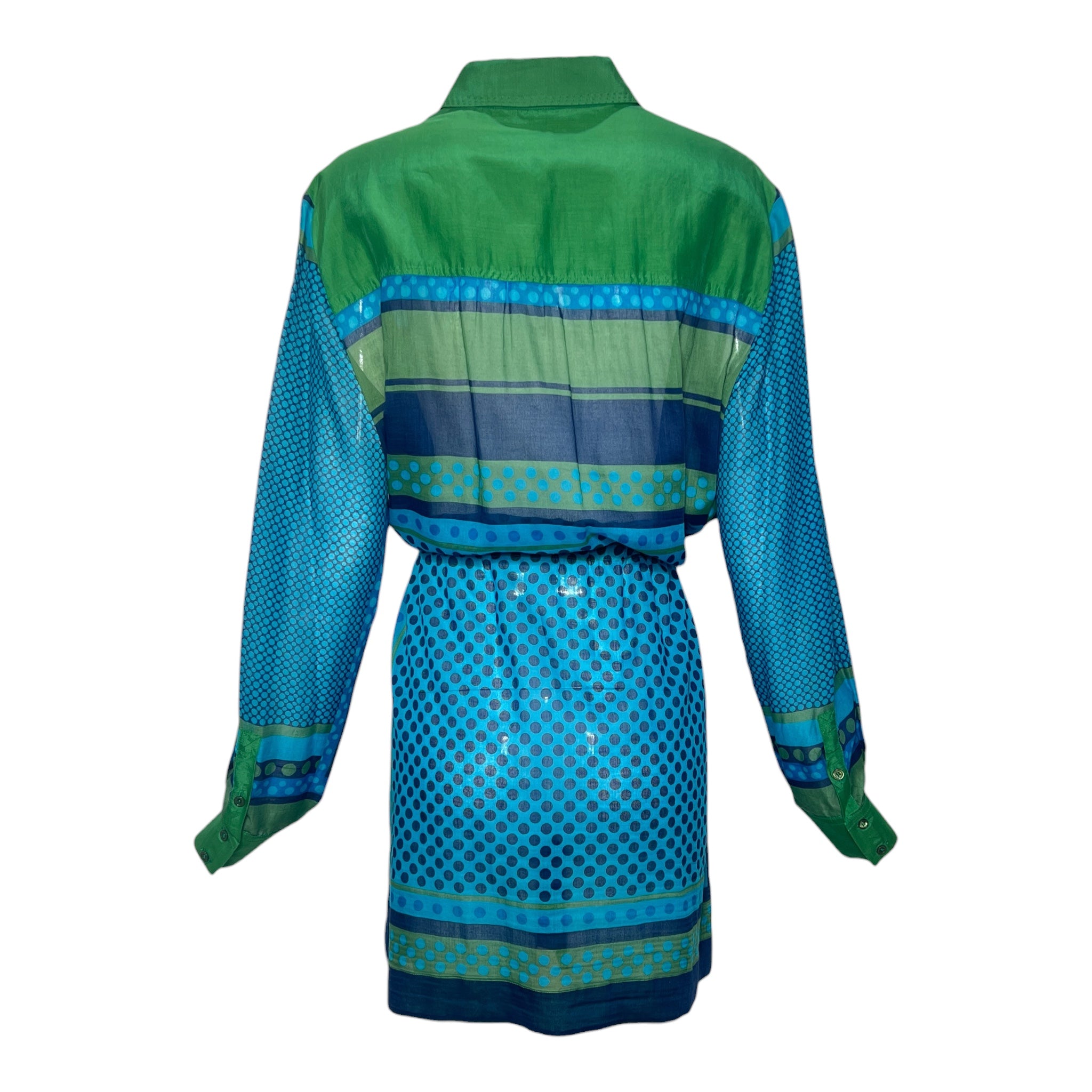 Loro Piana Green and Blue Geometric Print Cotton Long Sleeve Shirt Dress, back