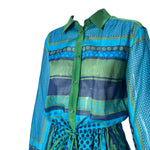 Loro Piana Green and Blue Geometric Print Cotton Long Sleeve Shirt Dress, bodice slight side view